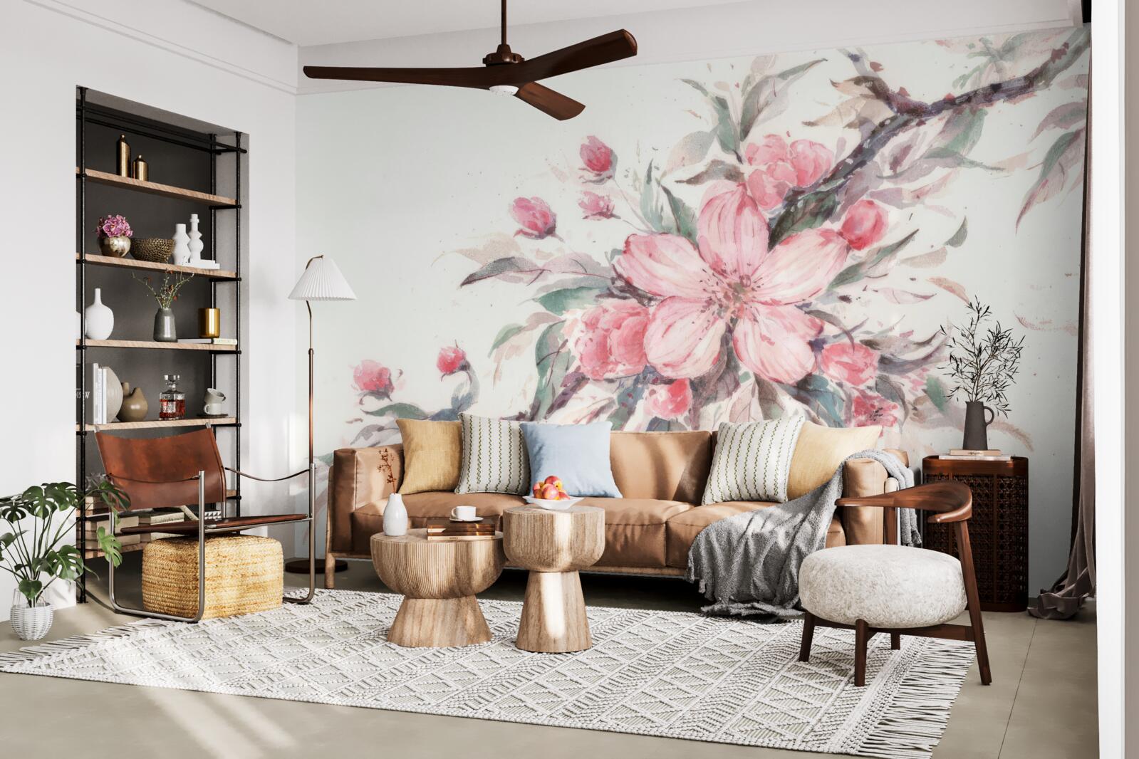 Papier peint branche avec une fleur rose épanouie