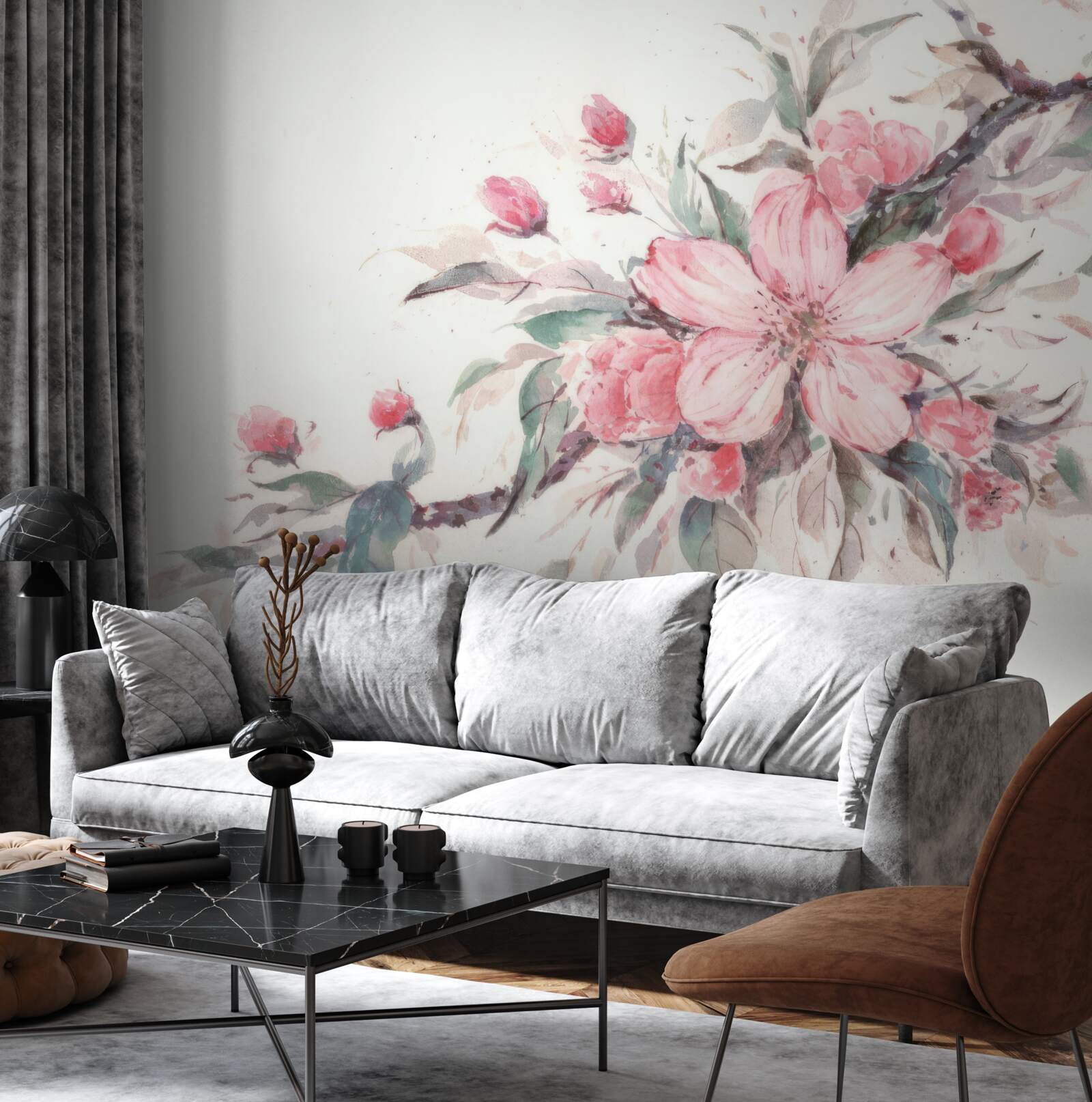 Papier peint branche avec une fleur rose épanouie