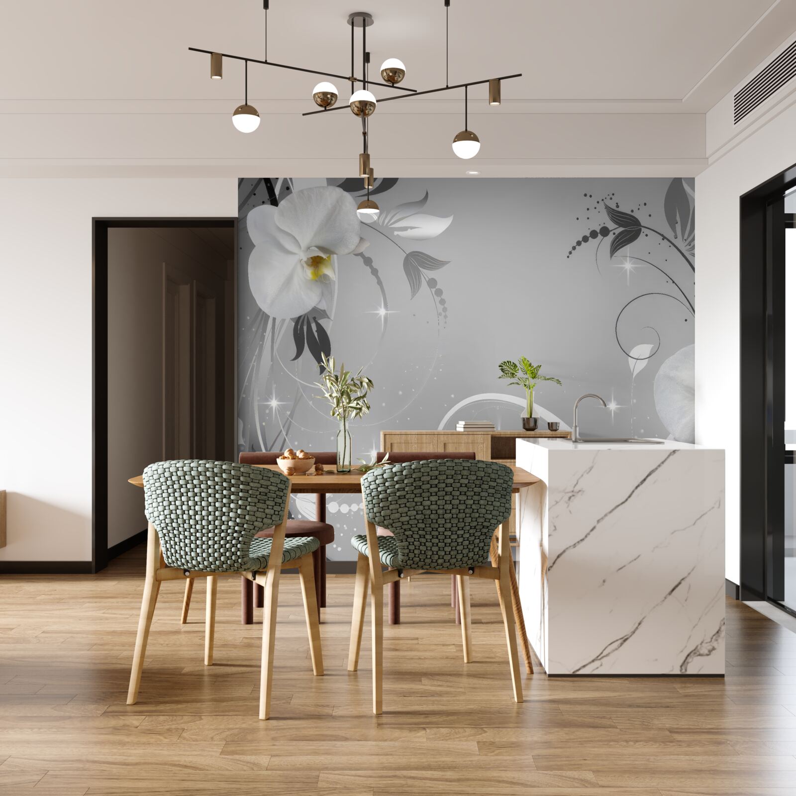 Papier peint orchidées blanches et feuilles grises