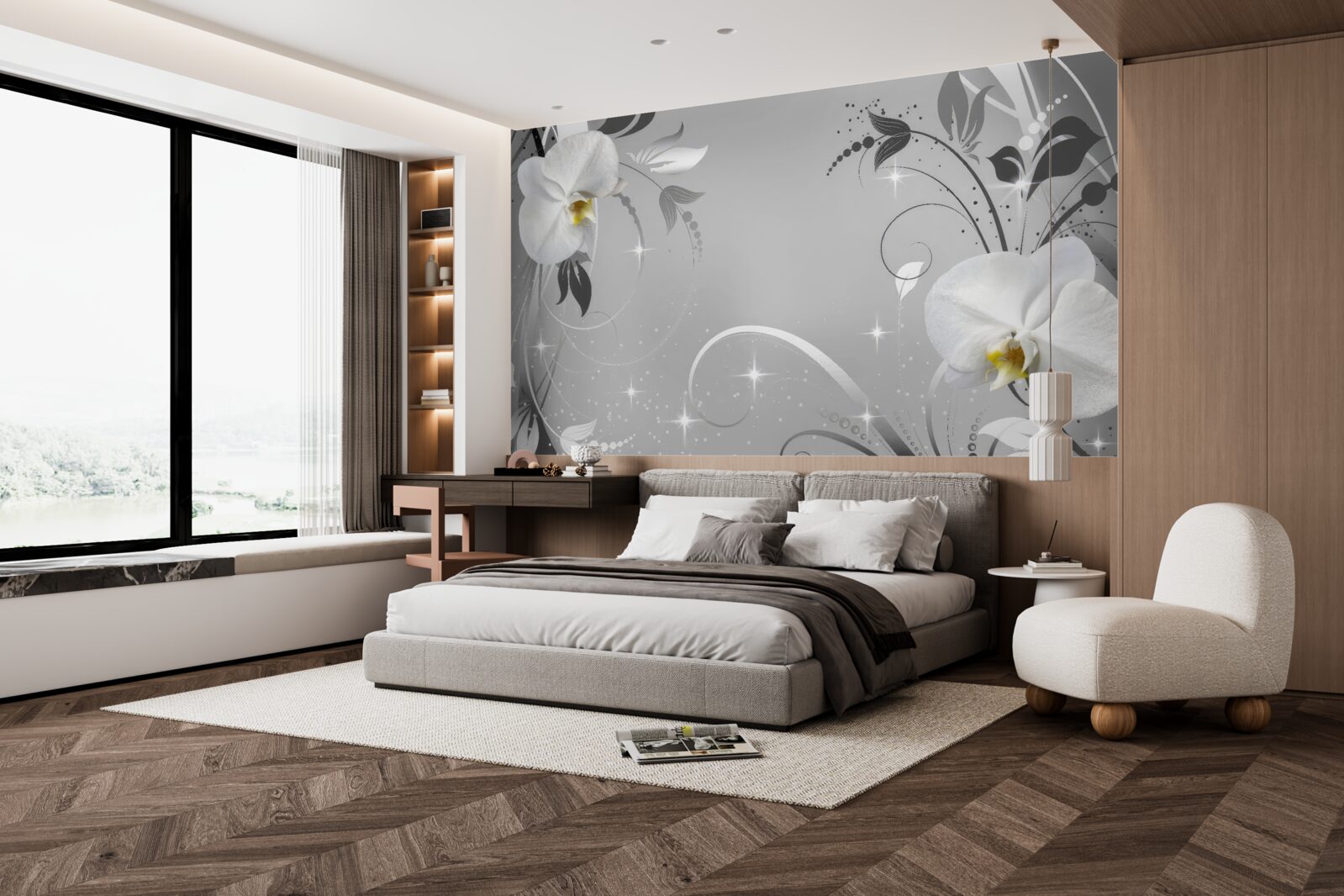 Papier peint orchidées blanches et feuilles grises