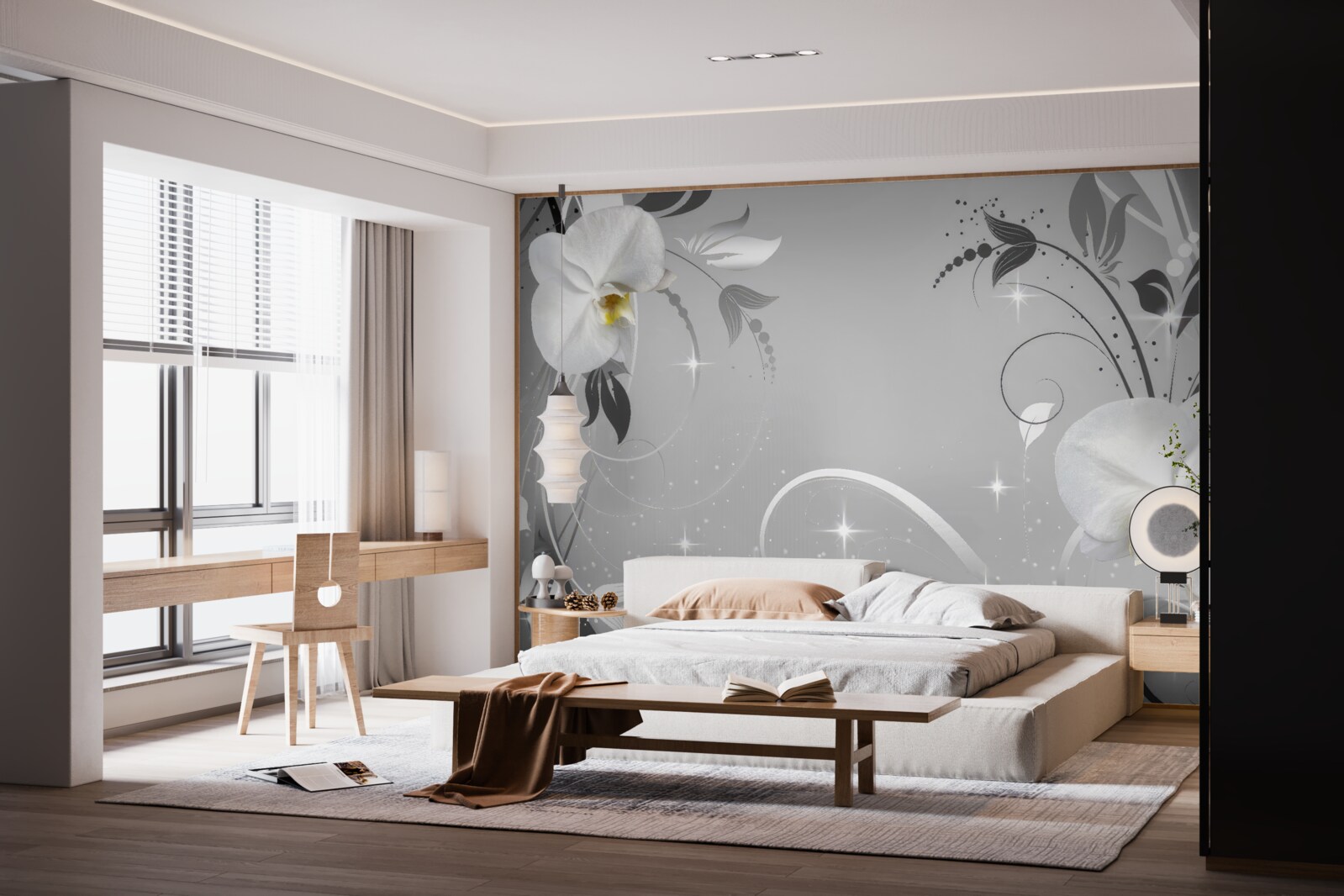 Papier peint orchidées blanches et feuilles grises