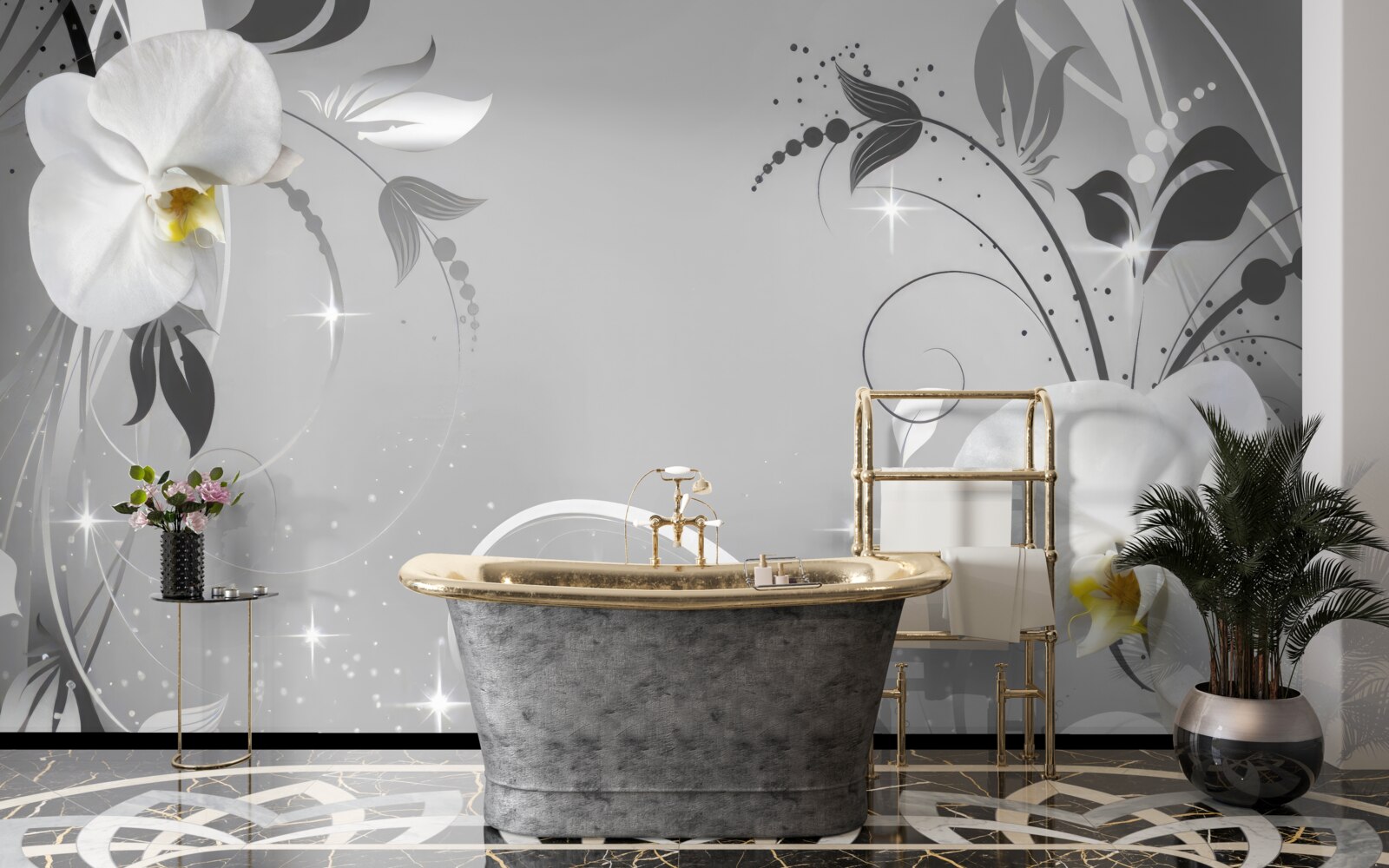 Papier peint orchidées blanches et feuilles grises