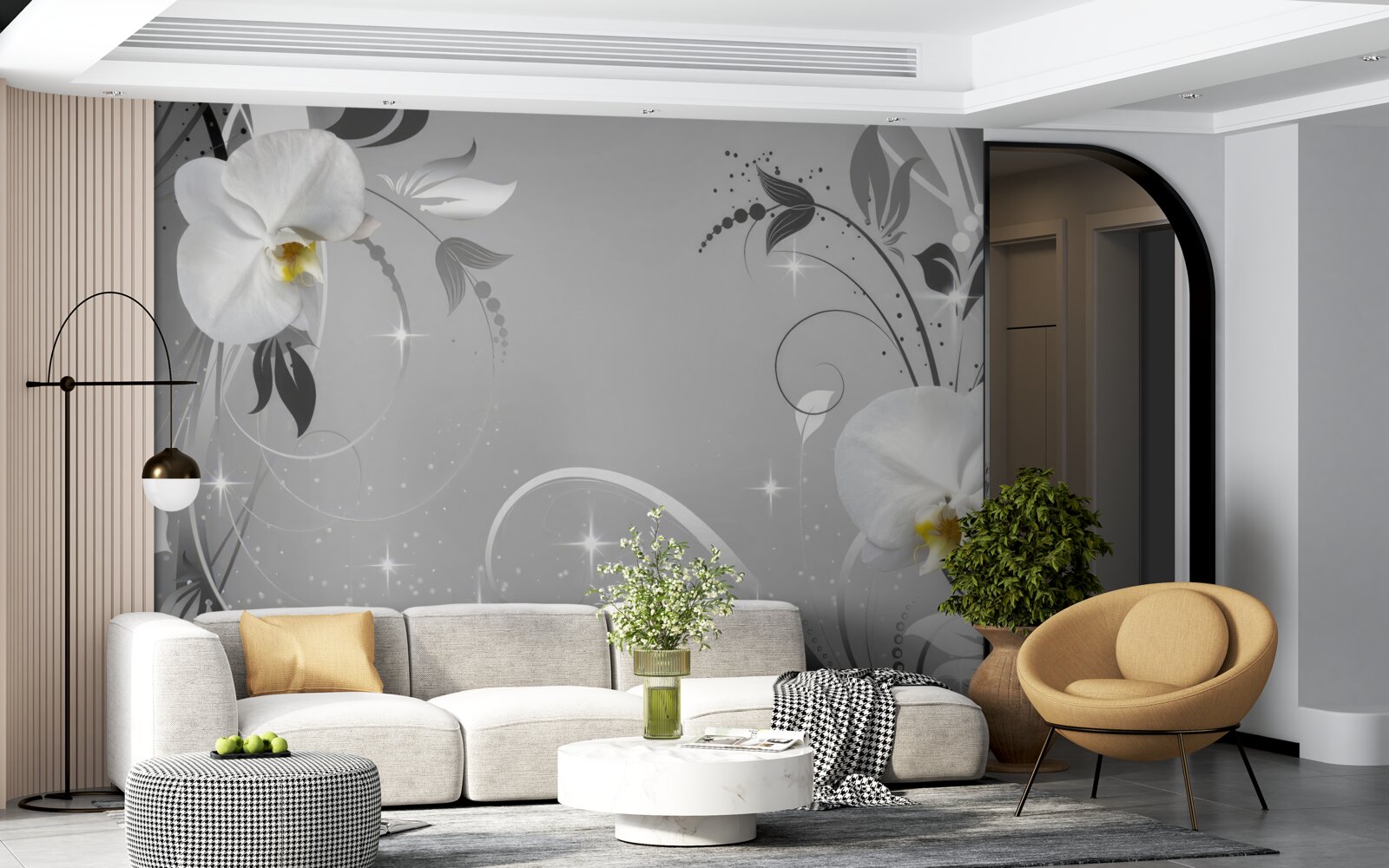 Papier peint orchidées blanches et feuilles grises