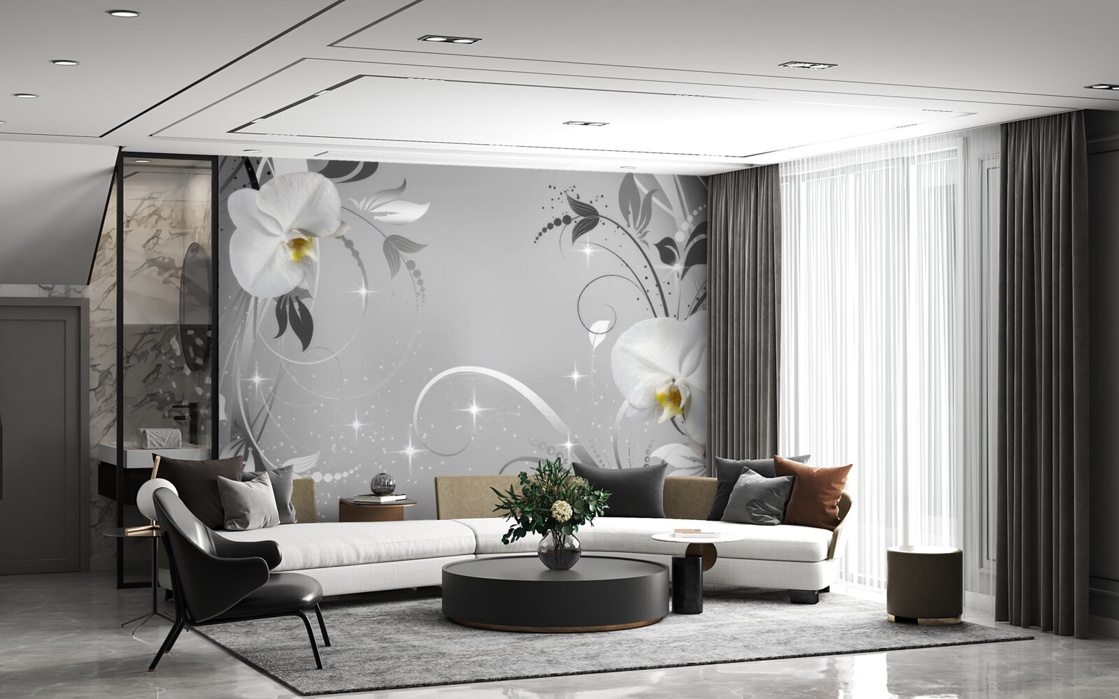 Papier peint orchidées blanches et feuilles grises