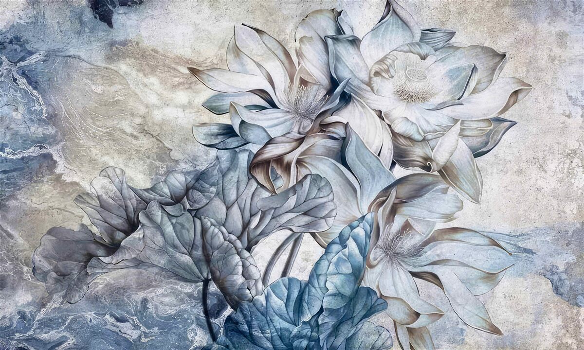 Papier peint fleurs représentant l'illusion des yeux bleus