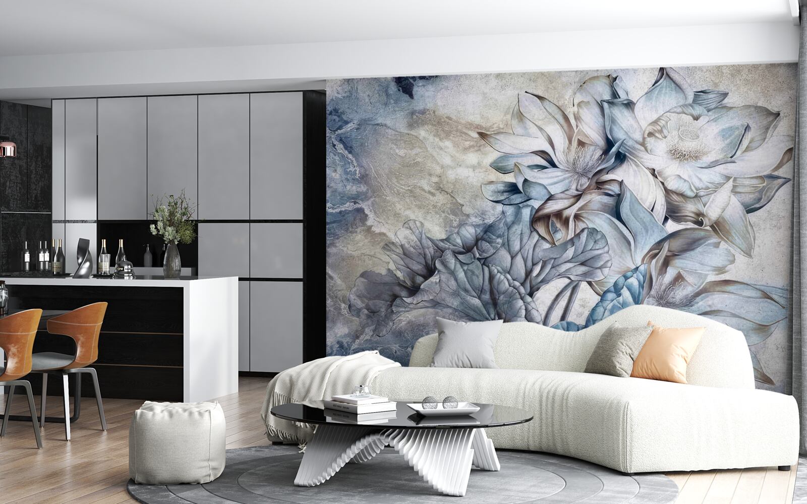 Papier peint fleurs représentant l'illusion des yeux bleus