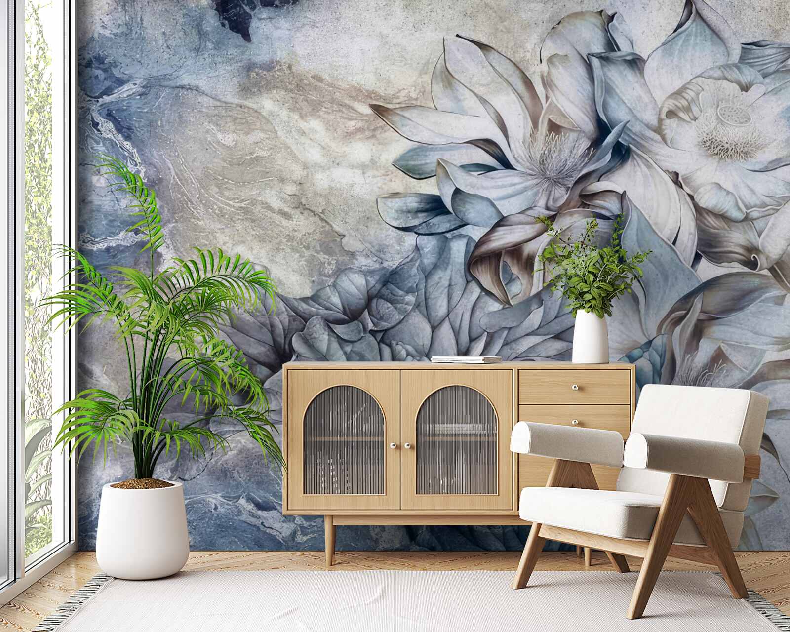 Papier peint fleurs représentant l'illusion des yeux bleus