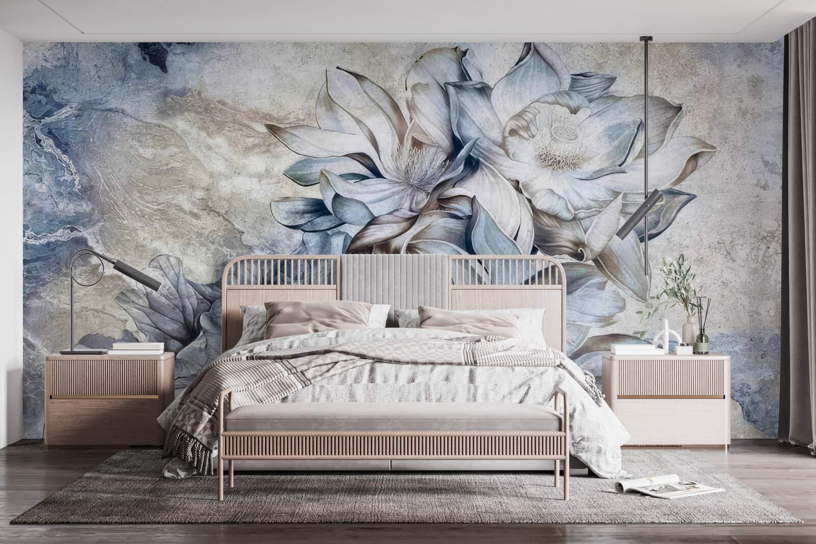 Papier peint fleurs représentant l'illusion des yeux bleus