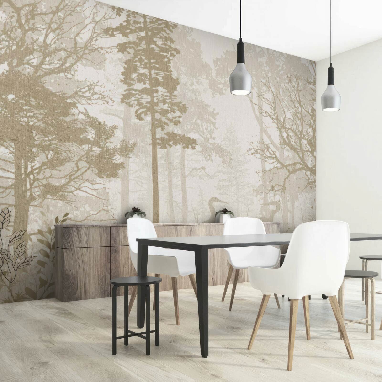 Papier peint des oiseaux glissant entre les arbres élancés