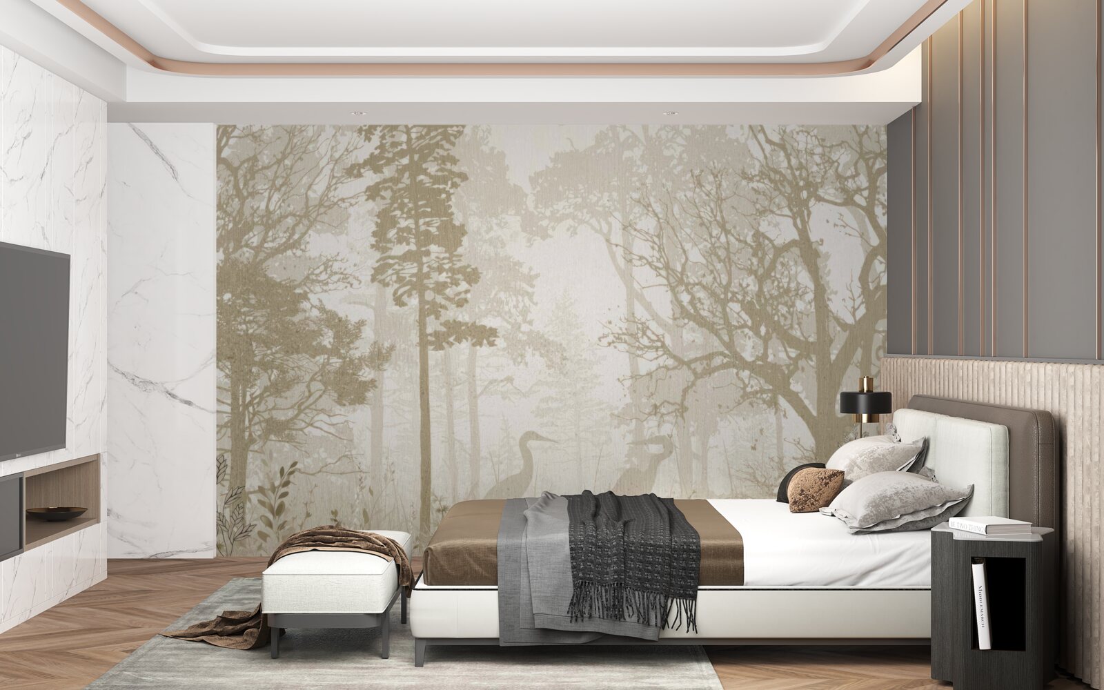 Papier peint des oiseaux glissant entre les arbres élancés