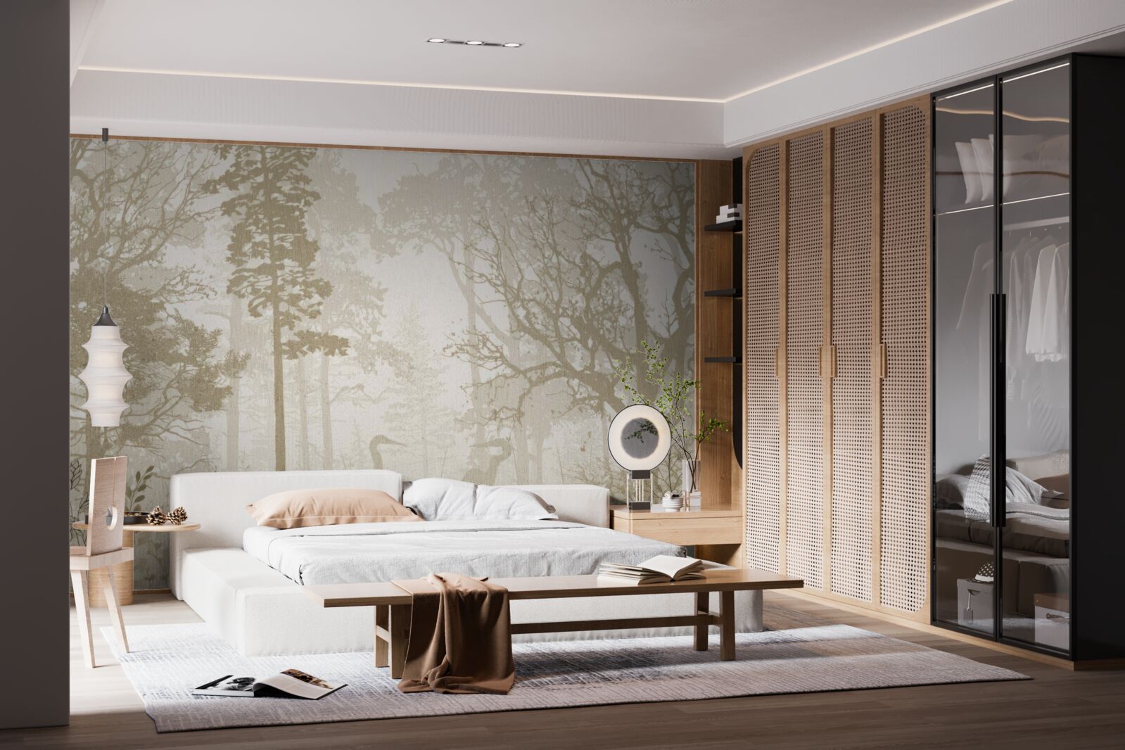 Papier peint des oiseaux glissant entre les arbres élancés