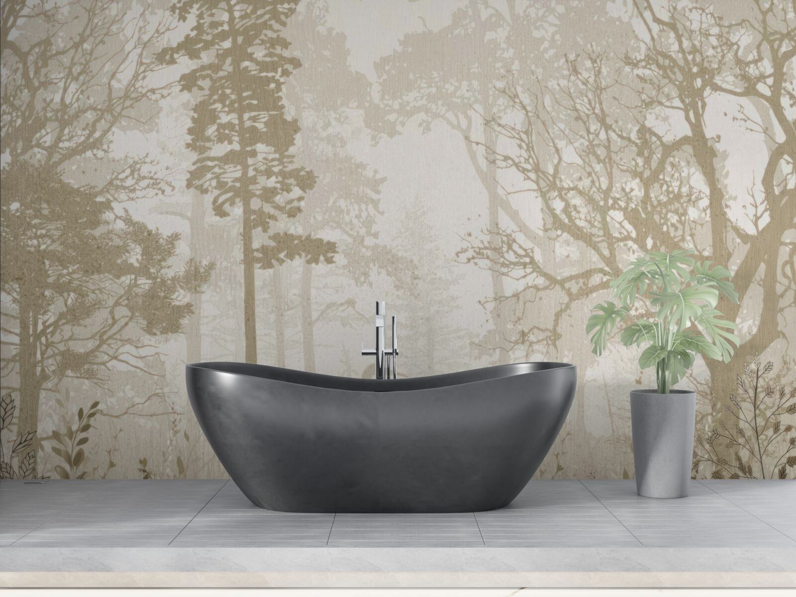 Papier peint des oiseaux glissant entre les arbres élancés