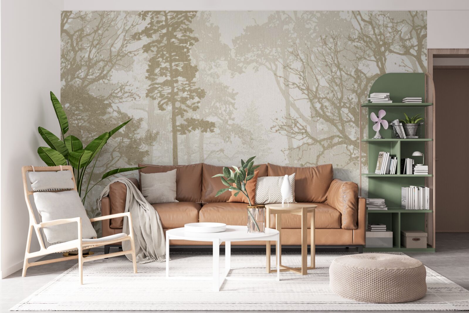 Papier peint des oiseaux glissant entre les arbres élancés