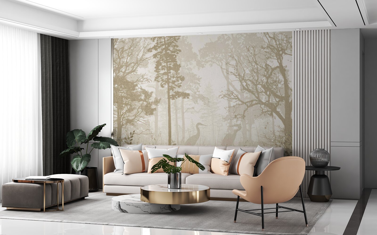 Papier peint des oiseaux glissant entre les arbres élancés