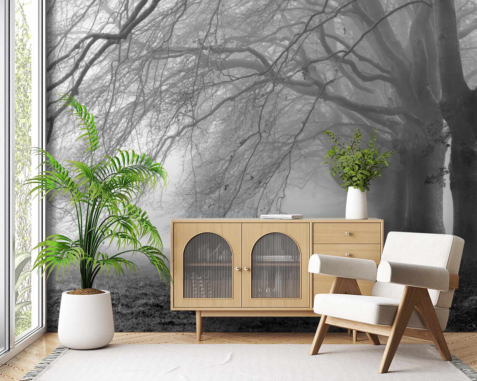 Papier peint forêt brumeuse couverte d'arbres