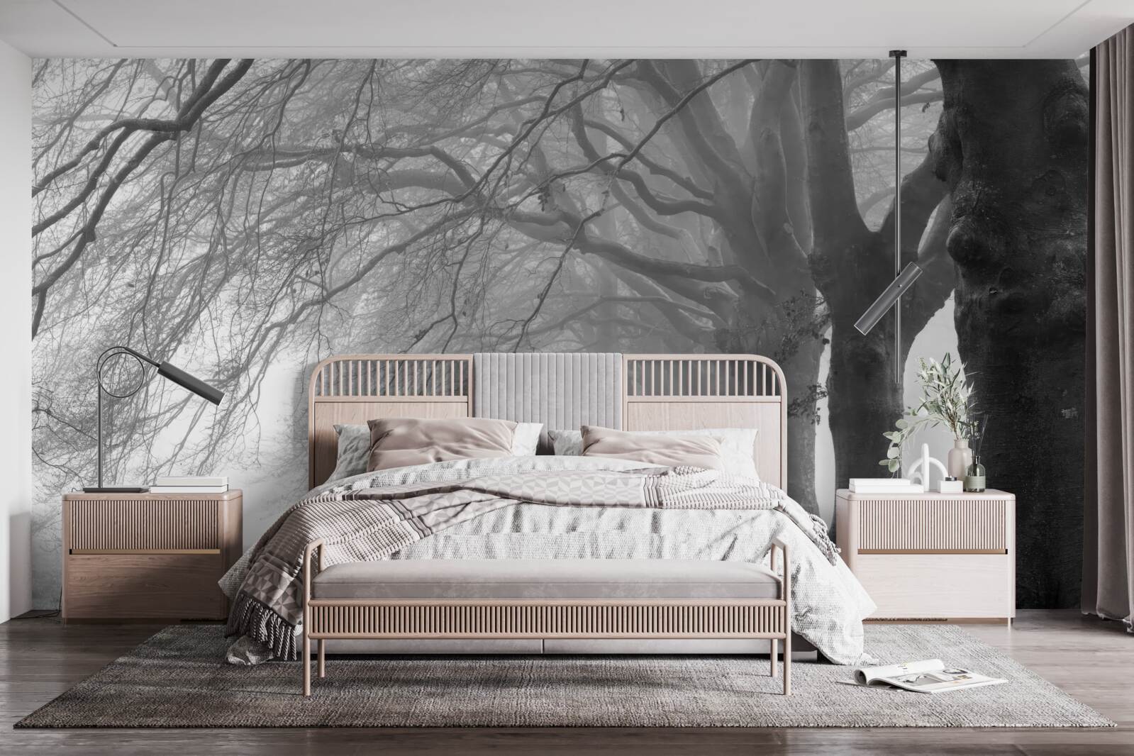 Papier peint forêt brumeuse couverte d'arbres