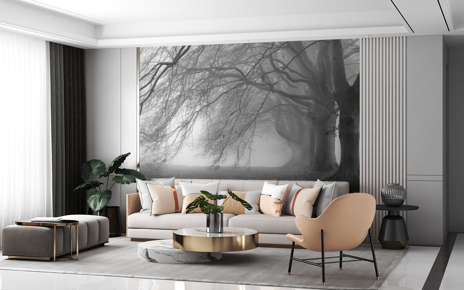 Papier peint forêt brumeuse couverte d'arbres