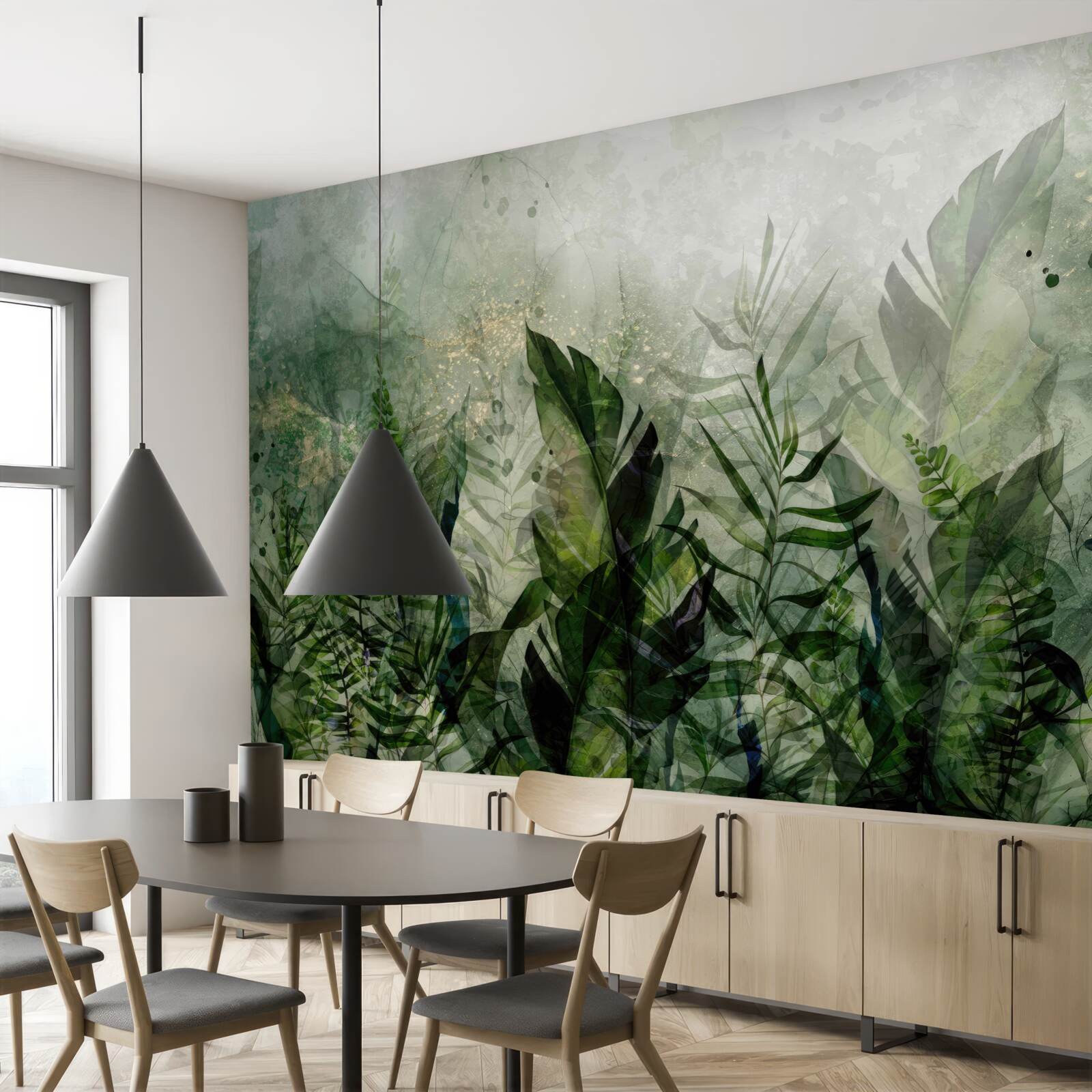 Papier peint feuilles vertes dans un style abstrait