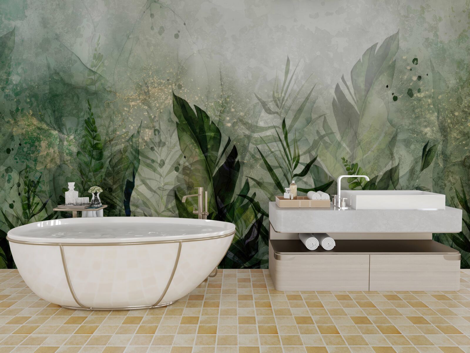 Papier peint feuilles vertes dans un style abstrait