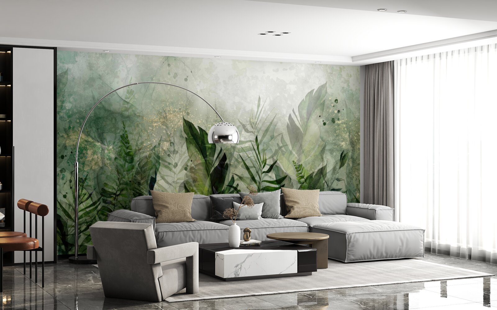 Papier peint feuilles vertes dans un style abstrait