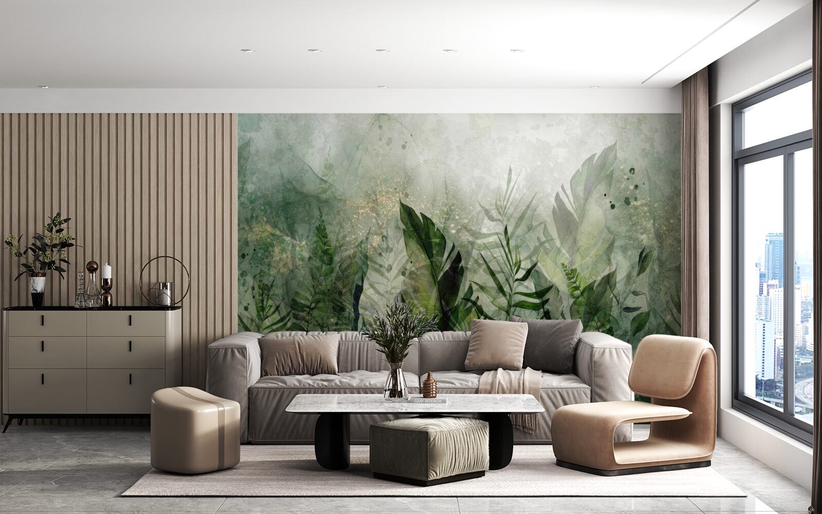 Papier peint feuilles vertes dans un style abstrait