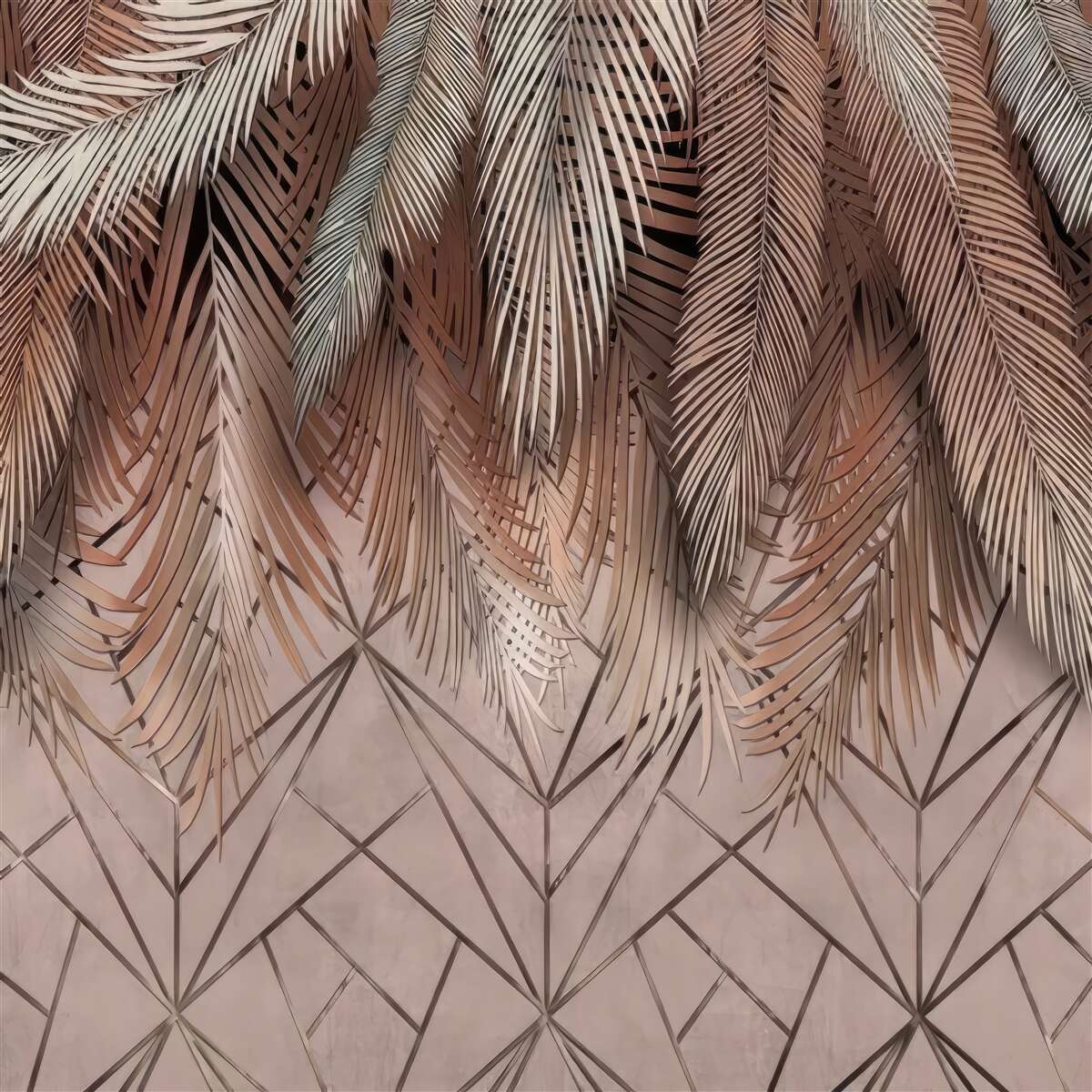 Papier peint motifs géométriques et plumes