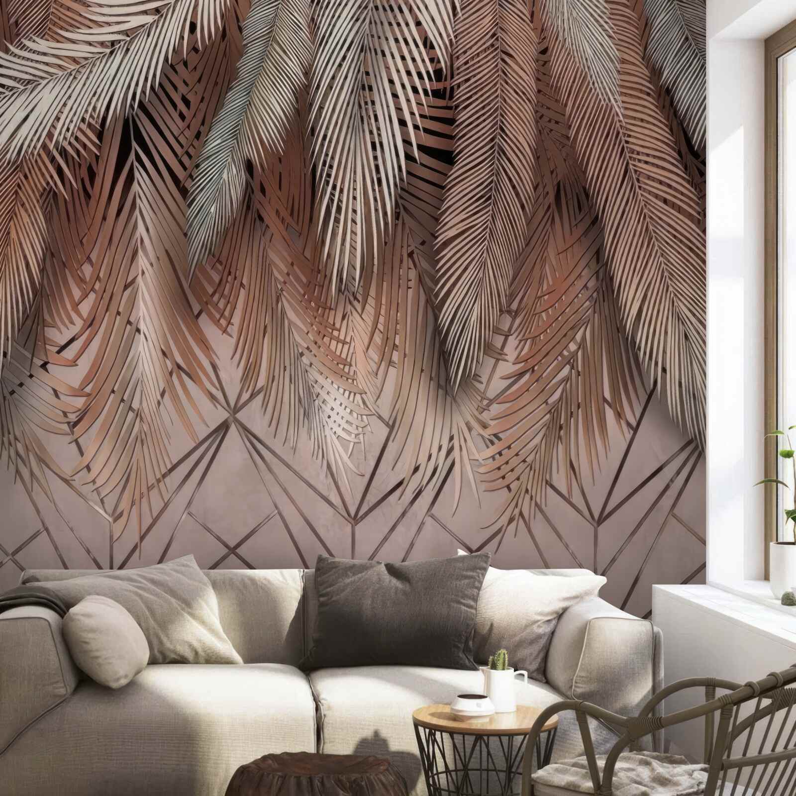 Papier peint motifs géométriques et plumes