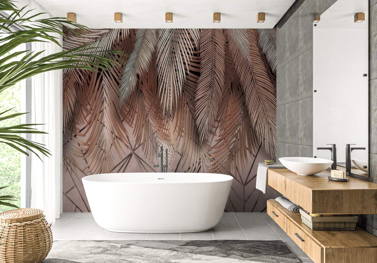 Papier peint motifs géométriques et plumes