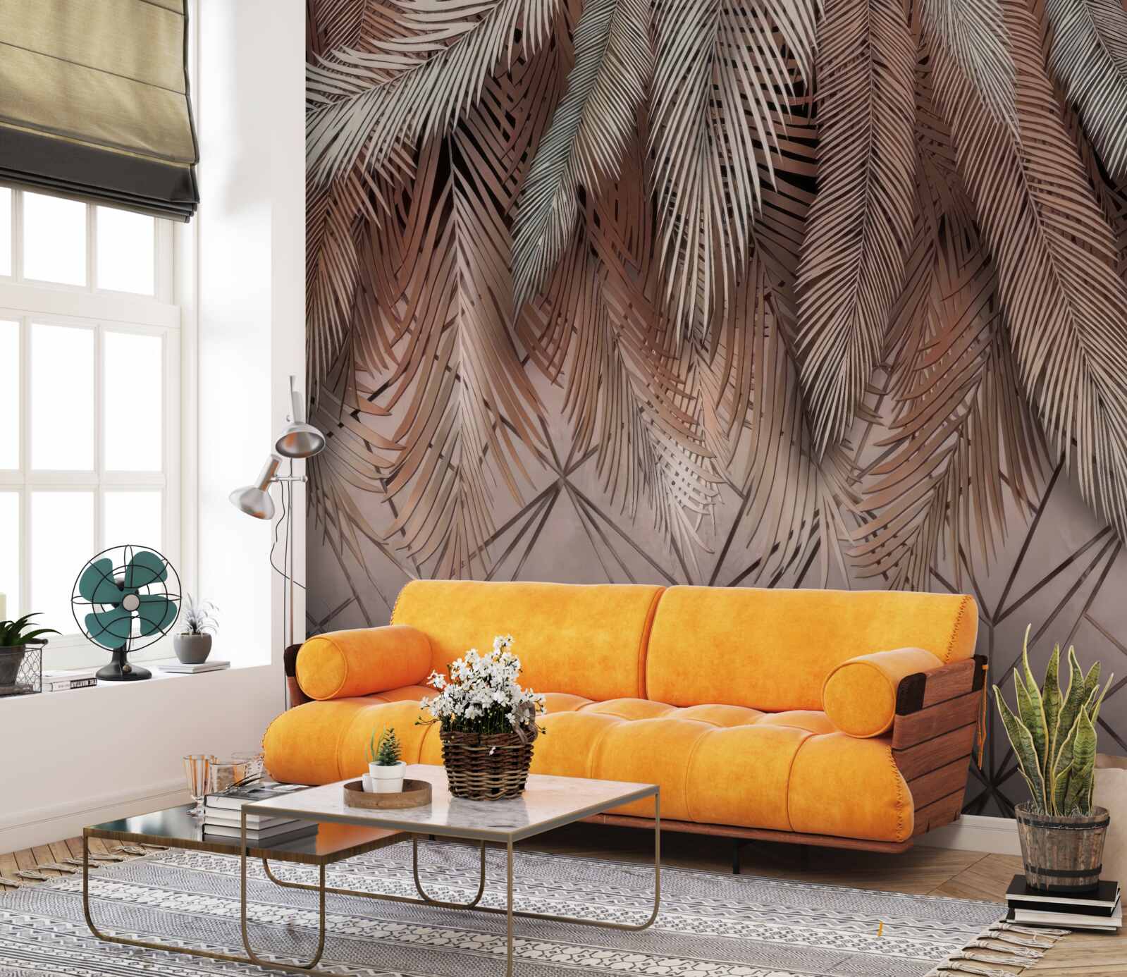 Papier peint motifs géométriques et plumes