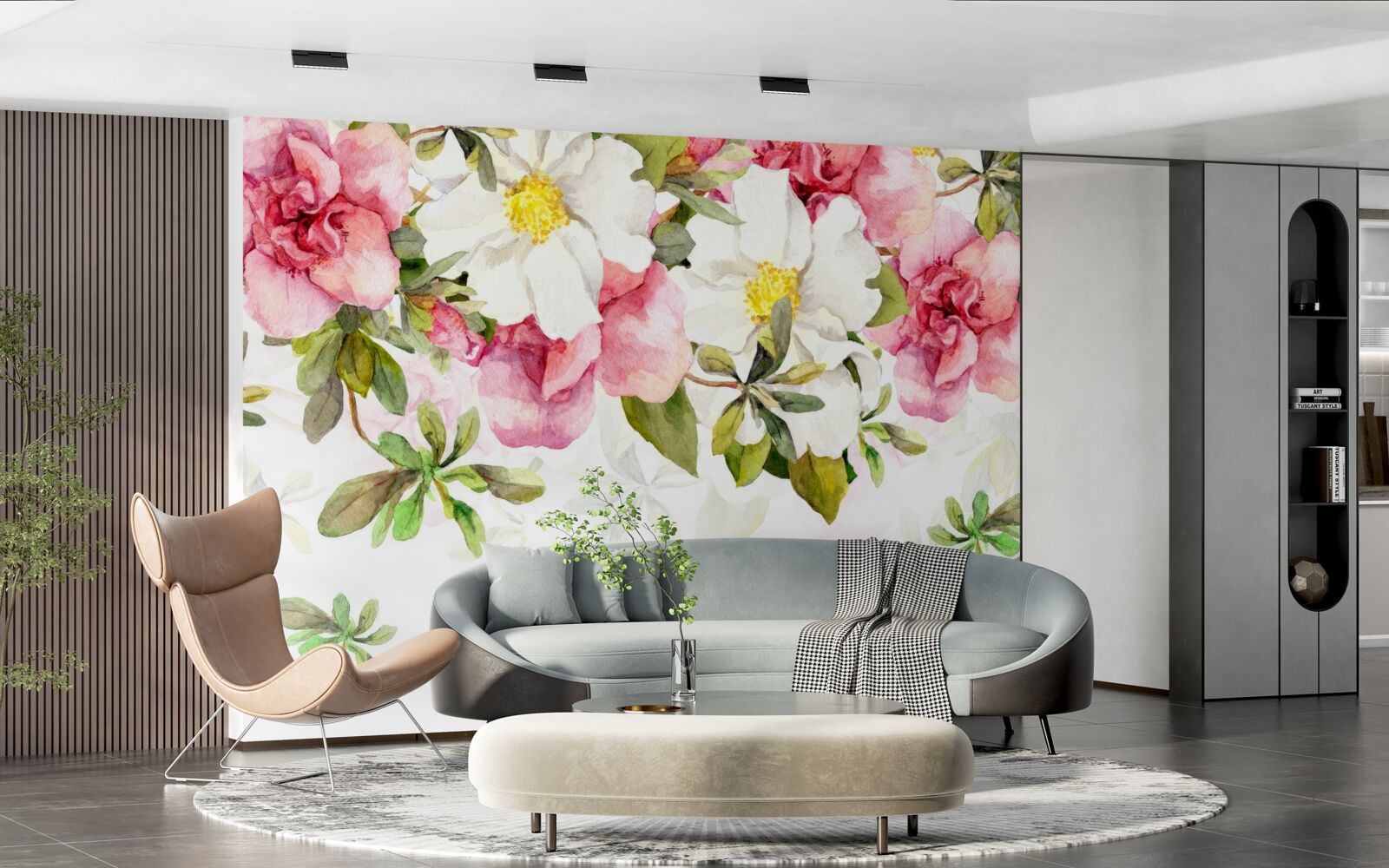 Papier peint marguerites blanches et roses roses