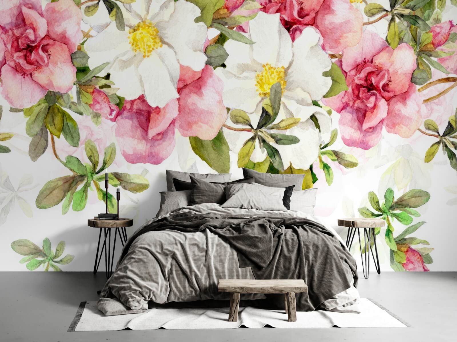 Papier peint marguerites blanches et roses roses