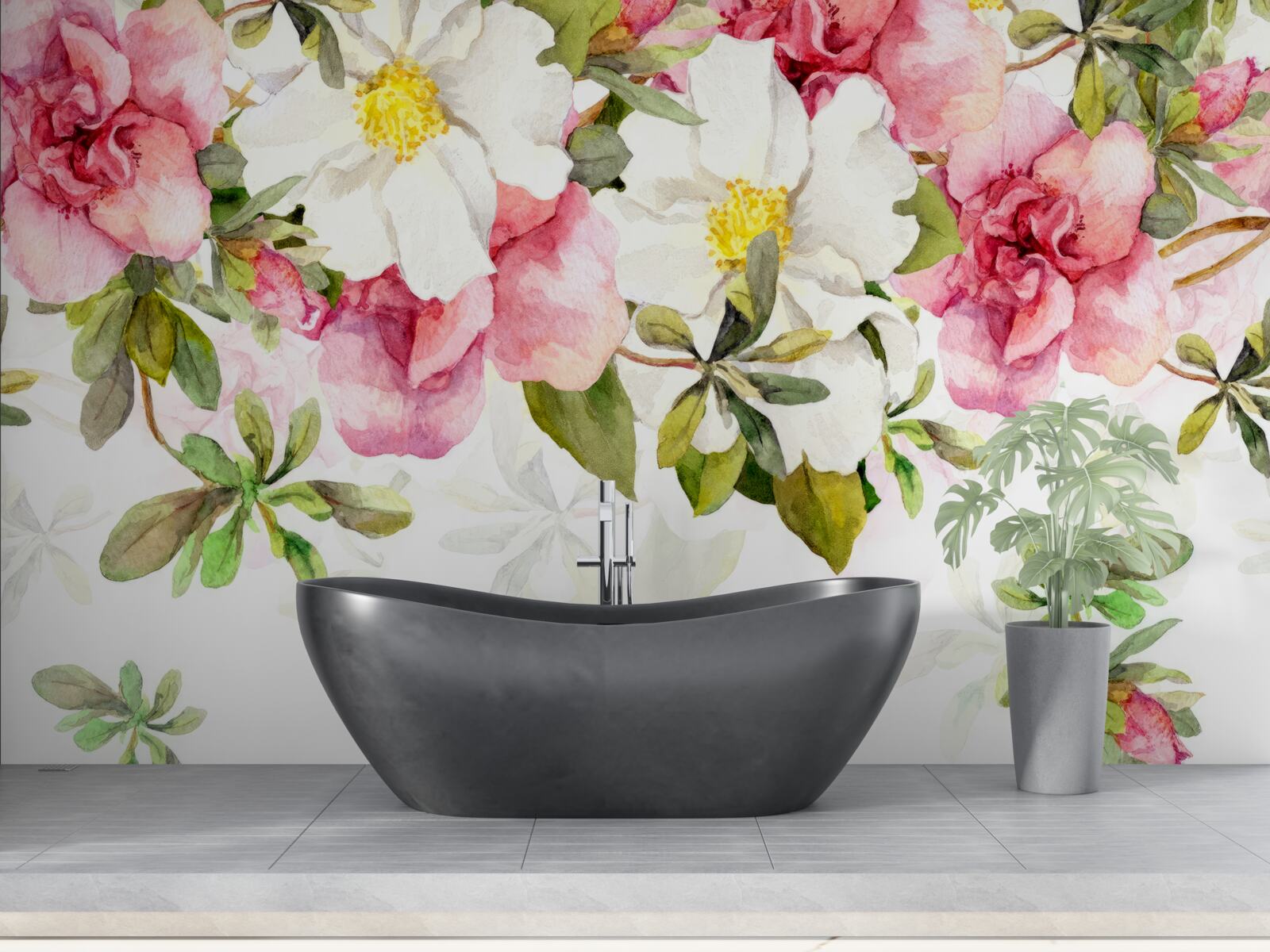 Papier peint marguerites blanches et roses roses