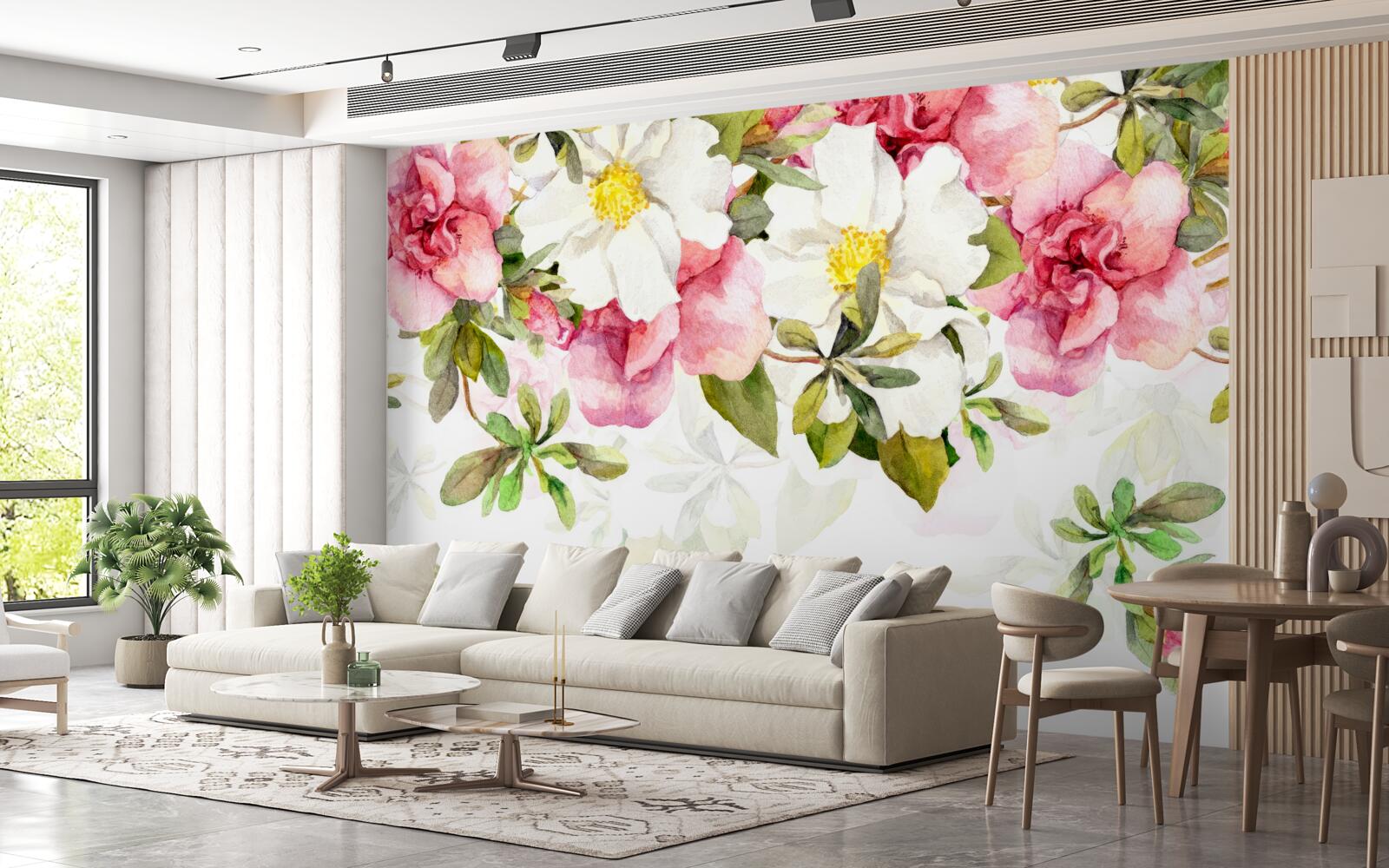 Papier peint marguerites blanches et roses roses