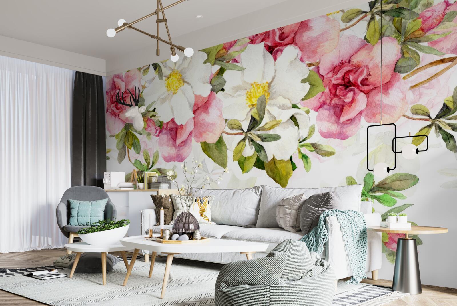 Papier peint marguerites blanches et roses roses