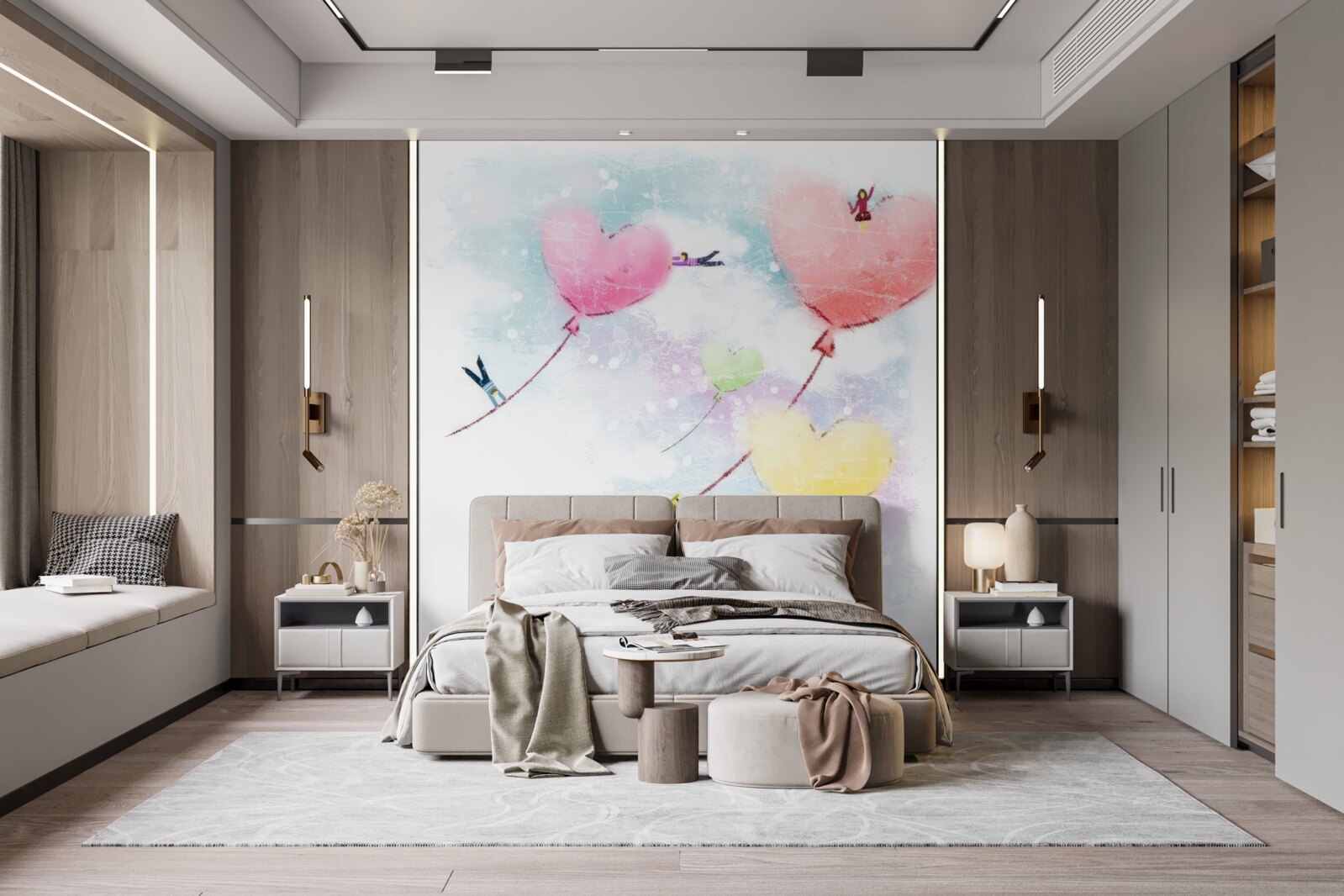 Papier peint les gens volent dans des ballons en forme de cœur