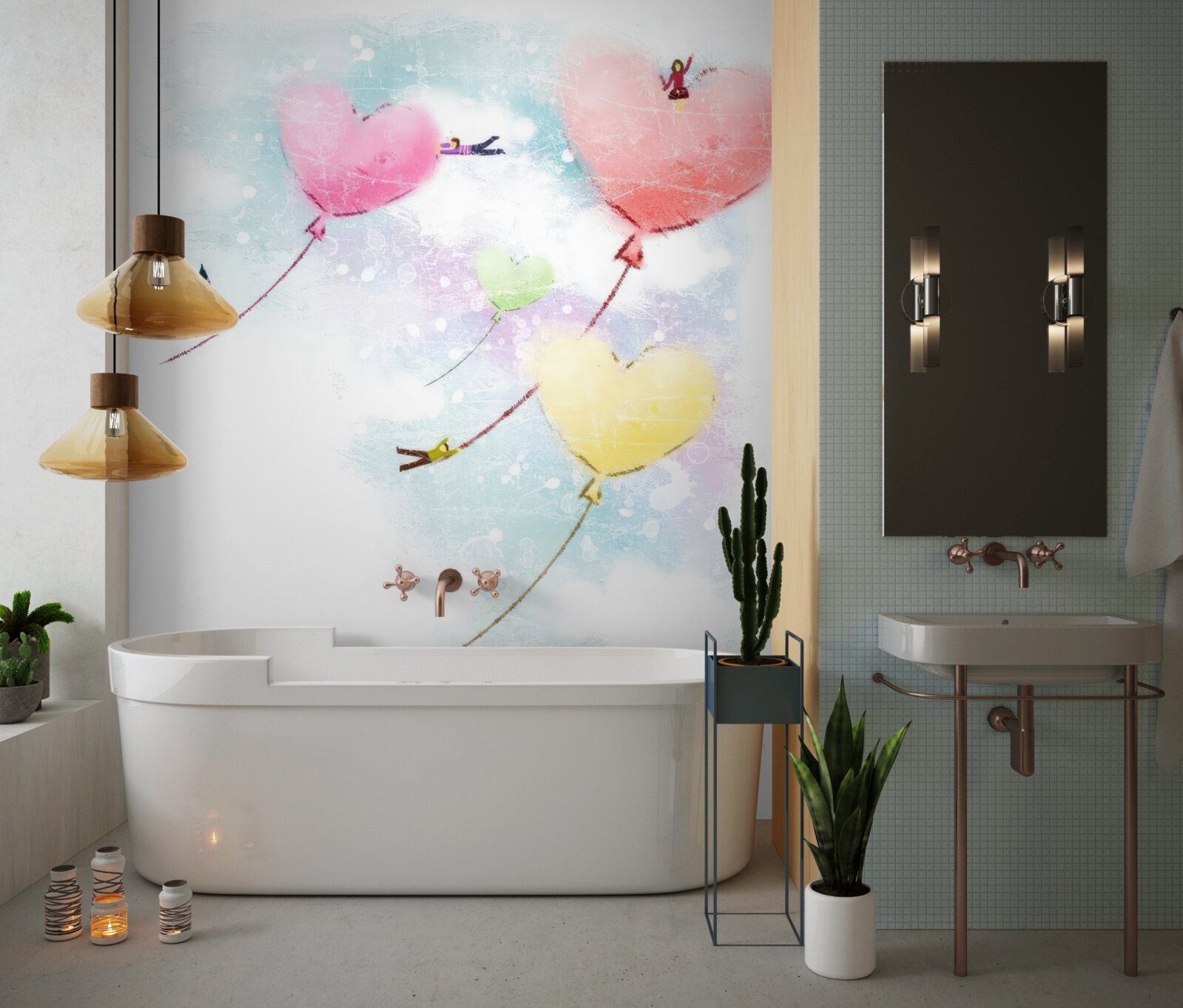 Papier peint les gens volent dans des ballons en forme de cœur