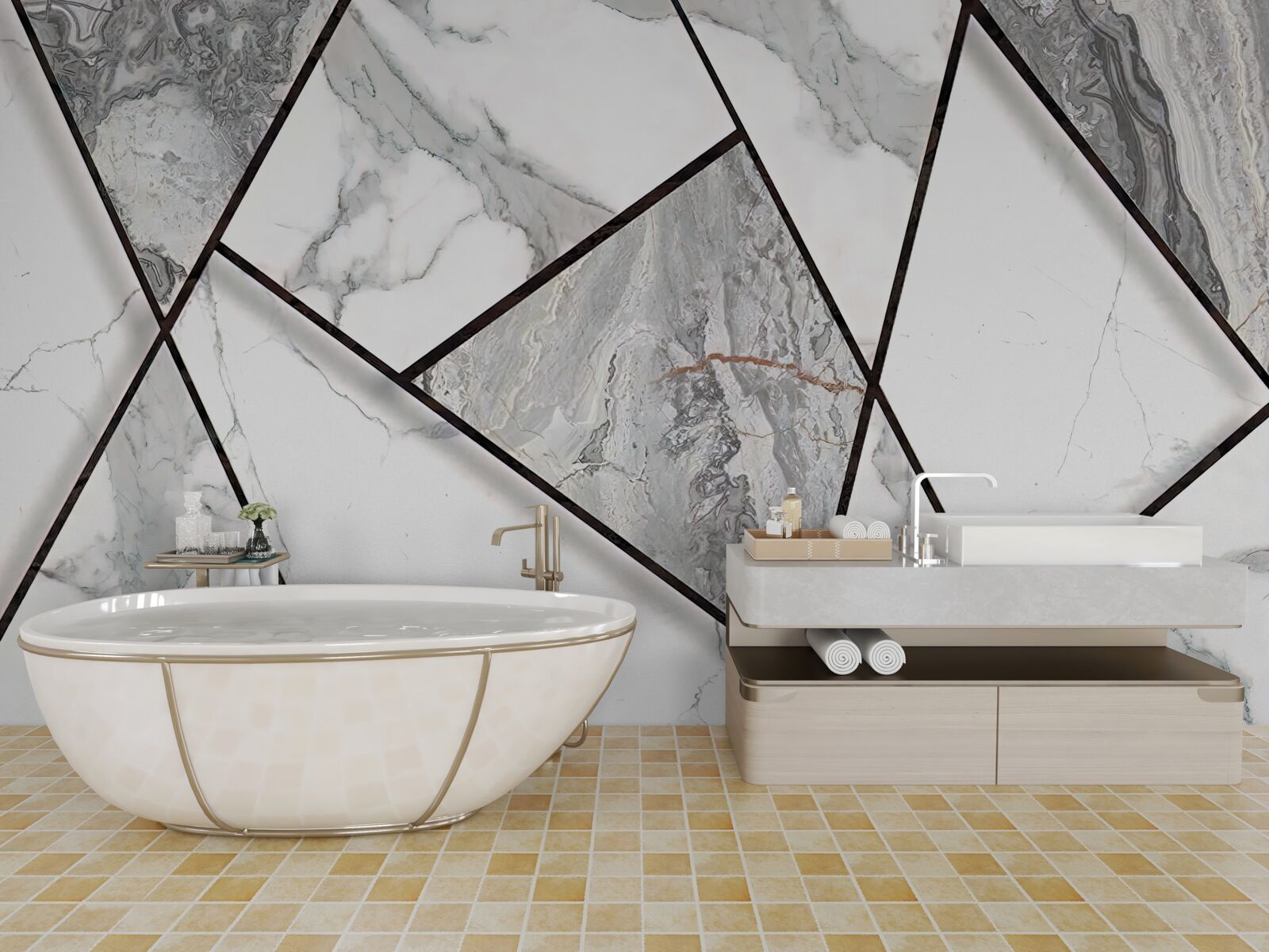 Papier peint carreaux de marbre en noir et blanc