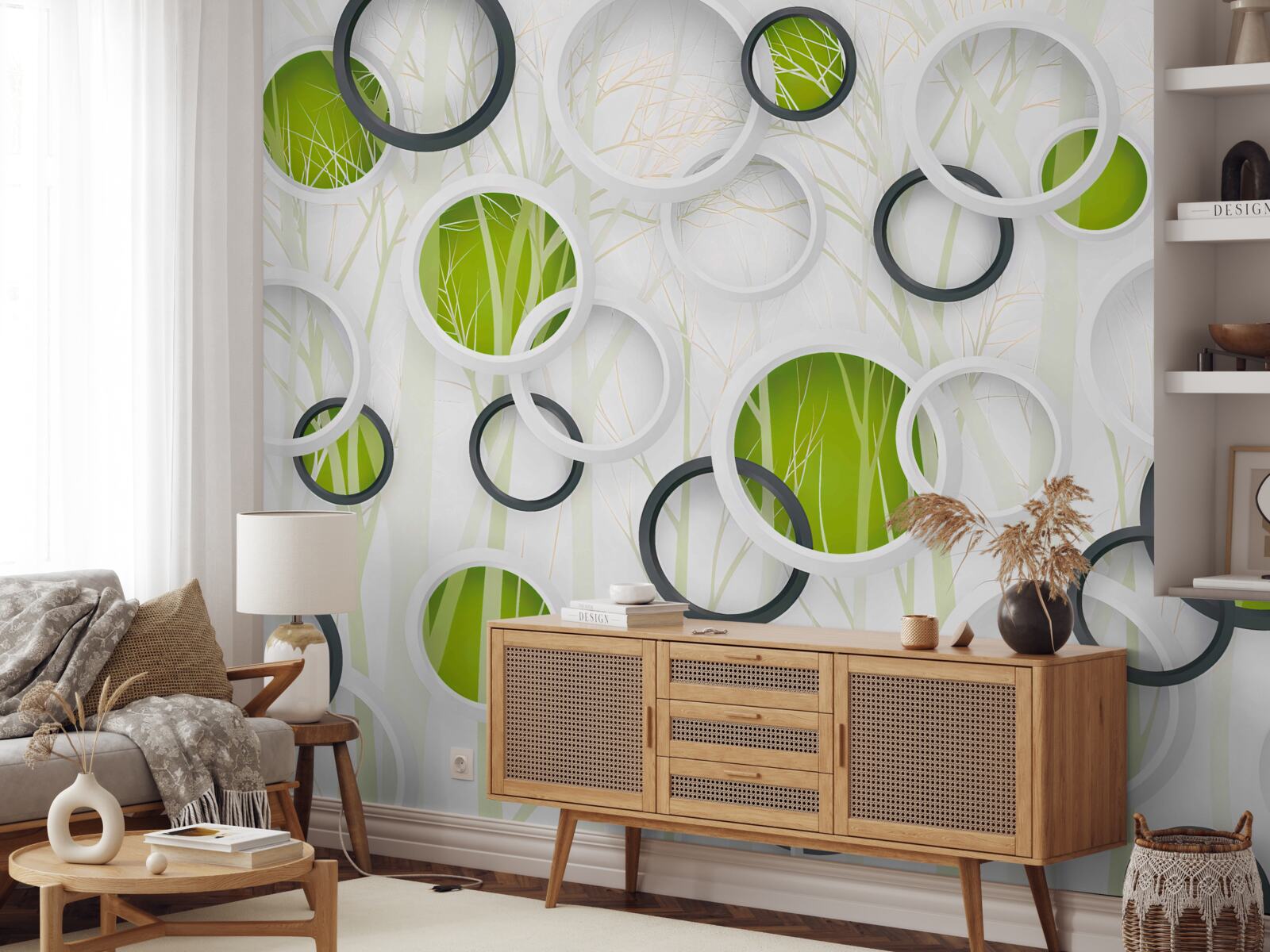 Papier peint roues en blanc et noir avec une teinte verte