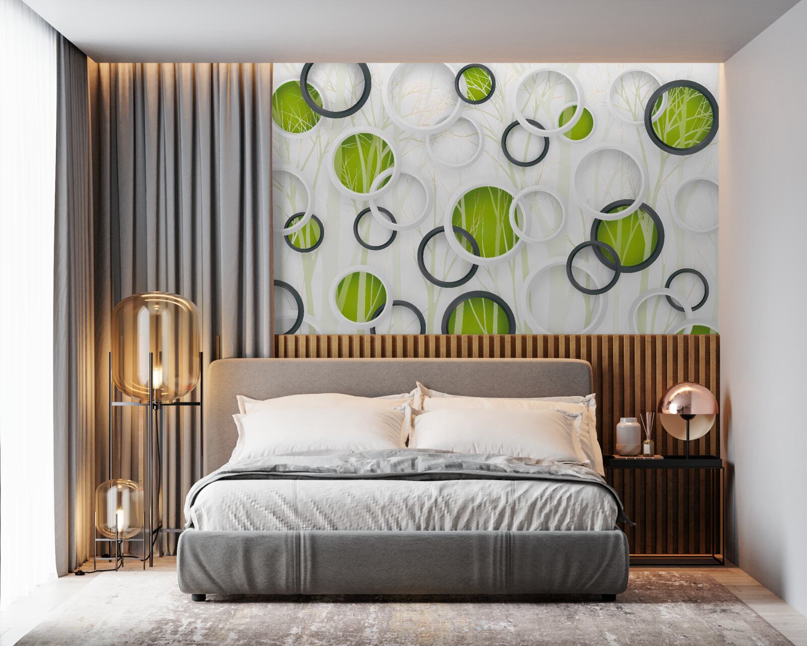 Papier peint roues en blanc et noir avec une teinte verte