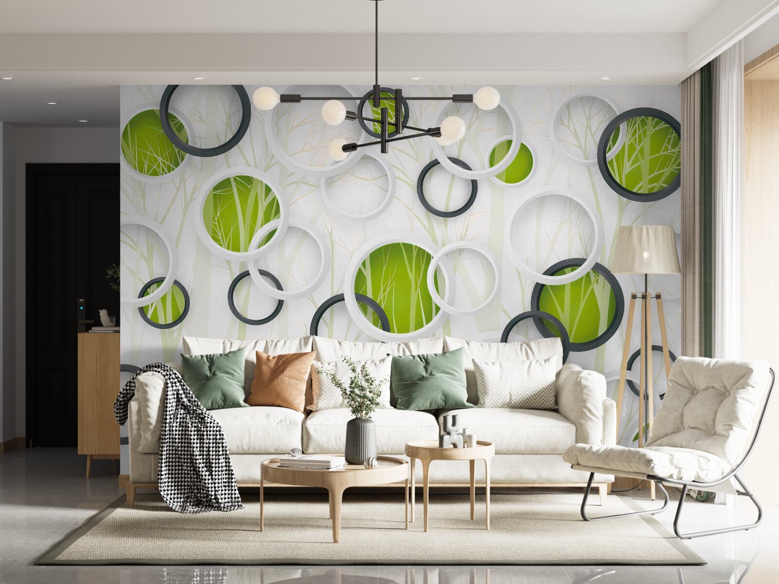 Papier peint roues en blanc et noir avec une teinte verte