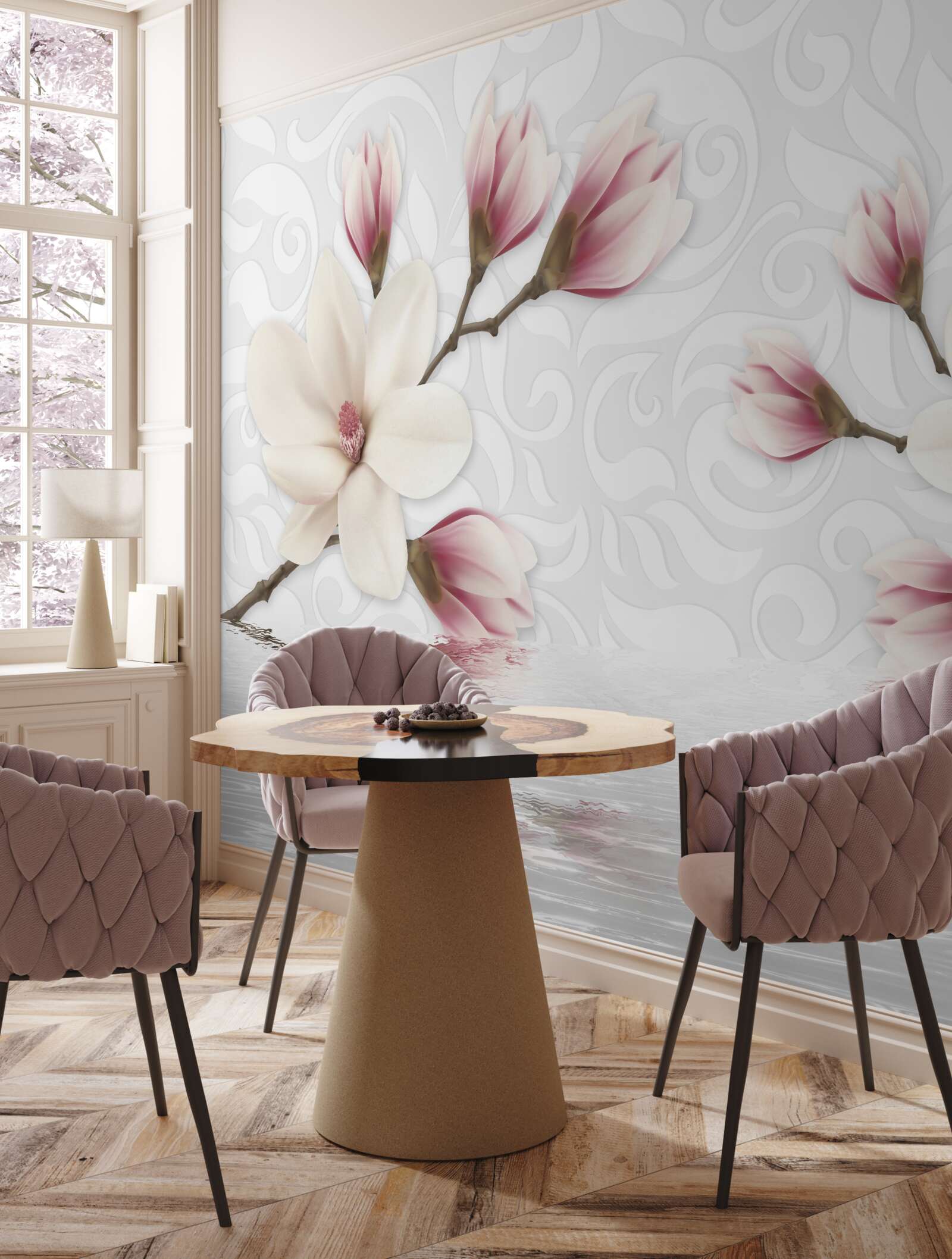 Papier peint il y a des fleurs blanches et roses au bord de l'eau