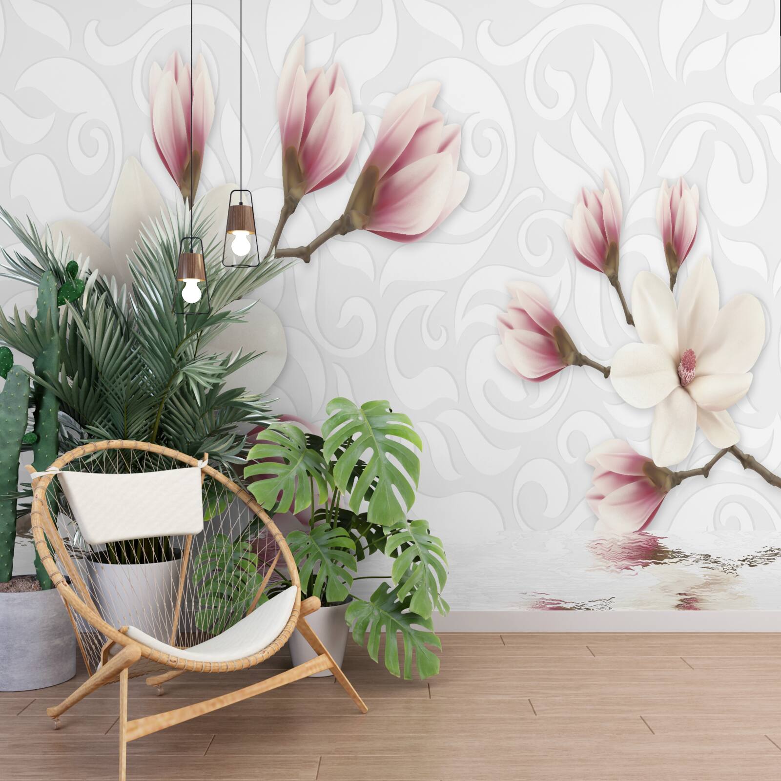 Papier peint il y a des fleurs blanches et roses au bord de l'eau