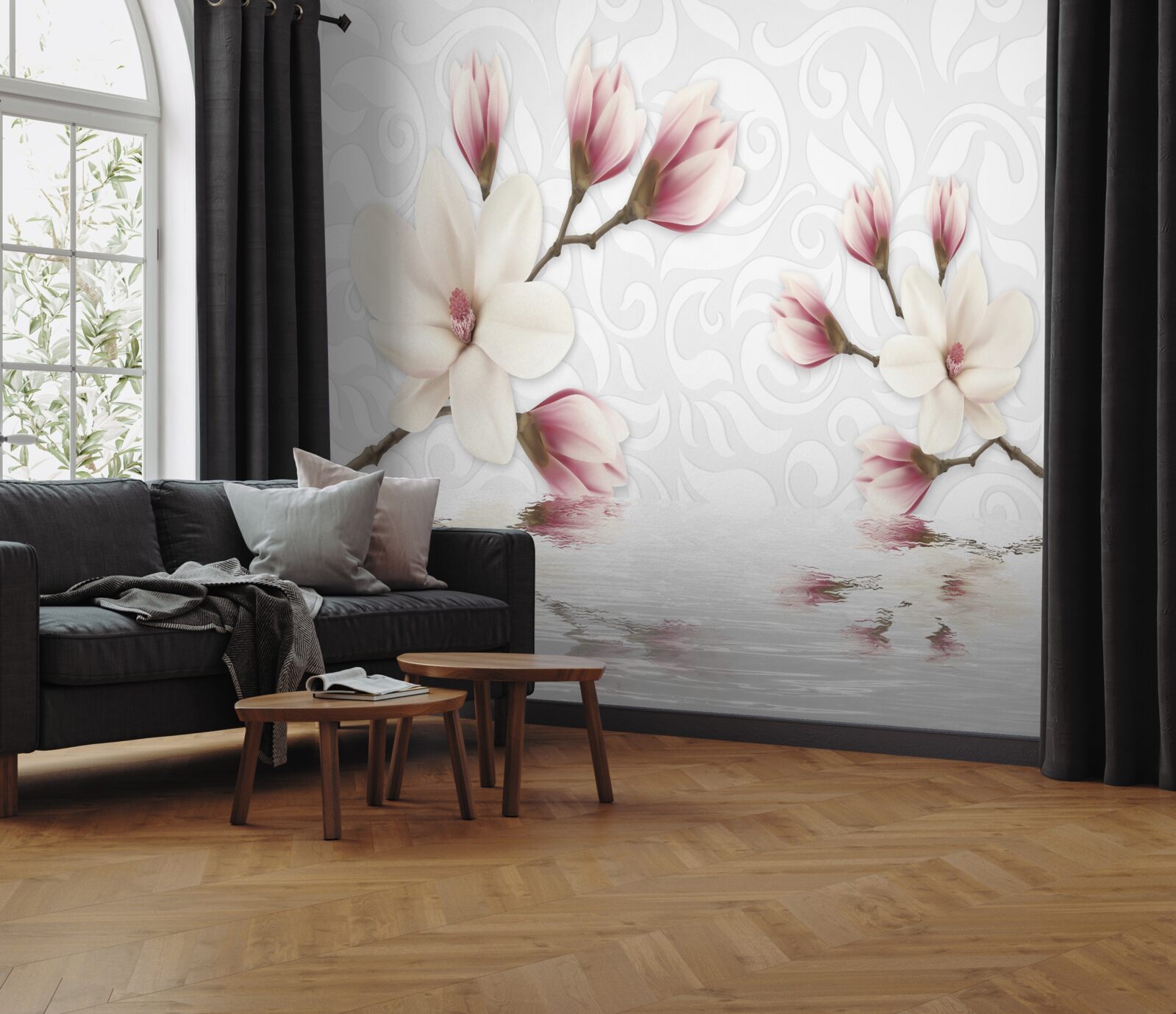 Papier peint il y a des fleurs blanches et roses au bord de l'eau