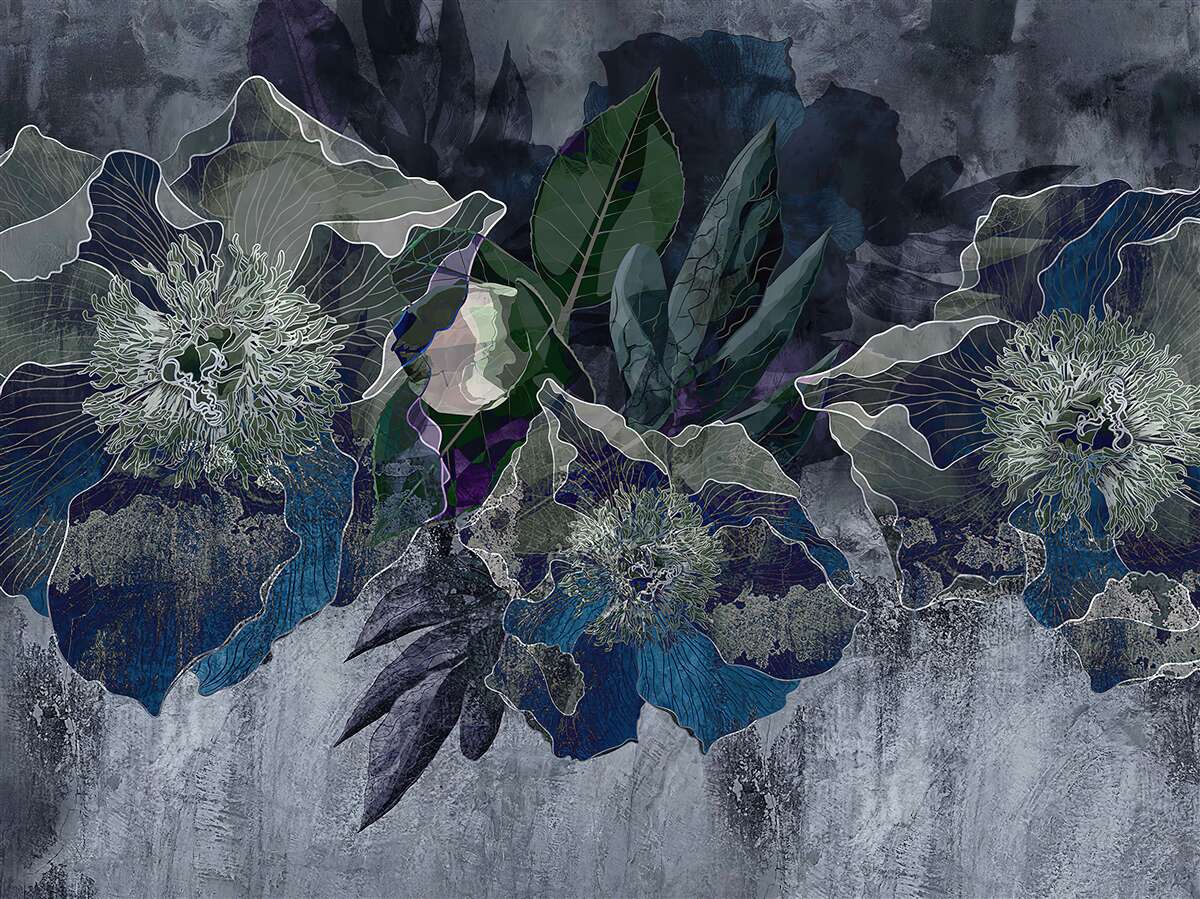 Papier peint fleurs peintes à l'aquarelle sur fond gris