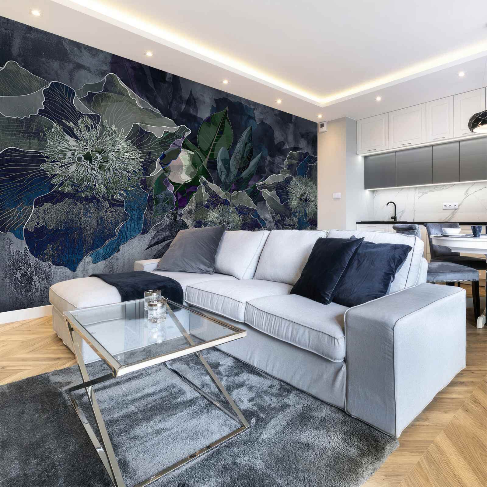 Papier peint fleurs peintes à l'aquarelle sur fond gris