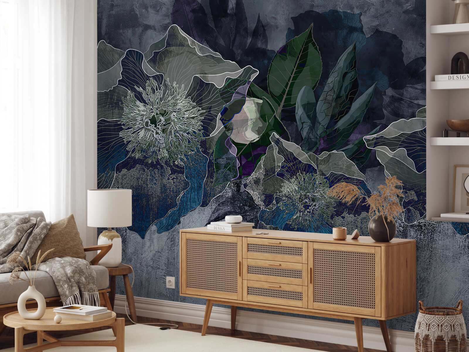 Papier peint fleurs peintes à l'aquarelle sur fond gris