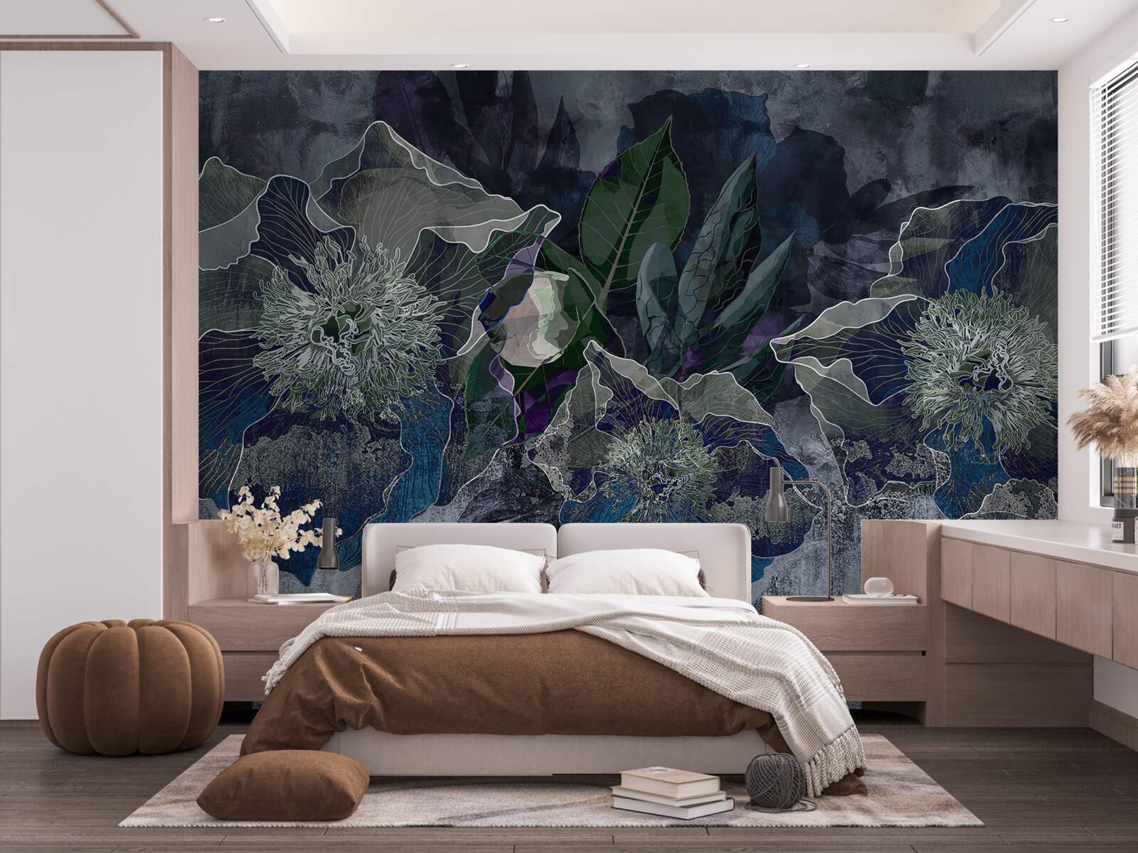 Papier peint fleurs peintes à l'aquarelle sur fond gris