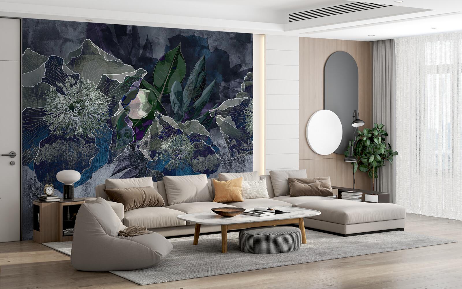 Papier peint fleurs peintes à l'aquarelle sur fond gris