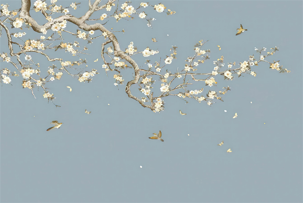 Papier peint tronc avec petites fleurs