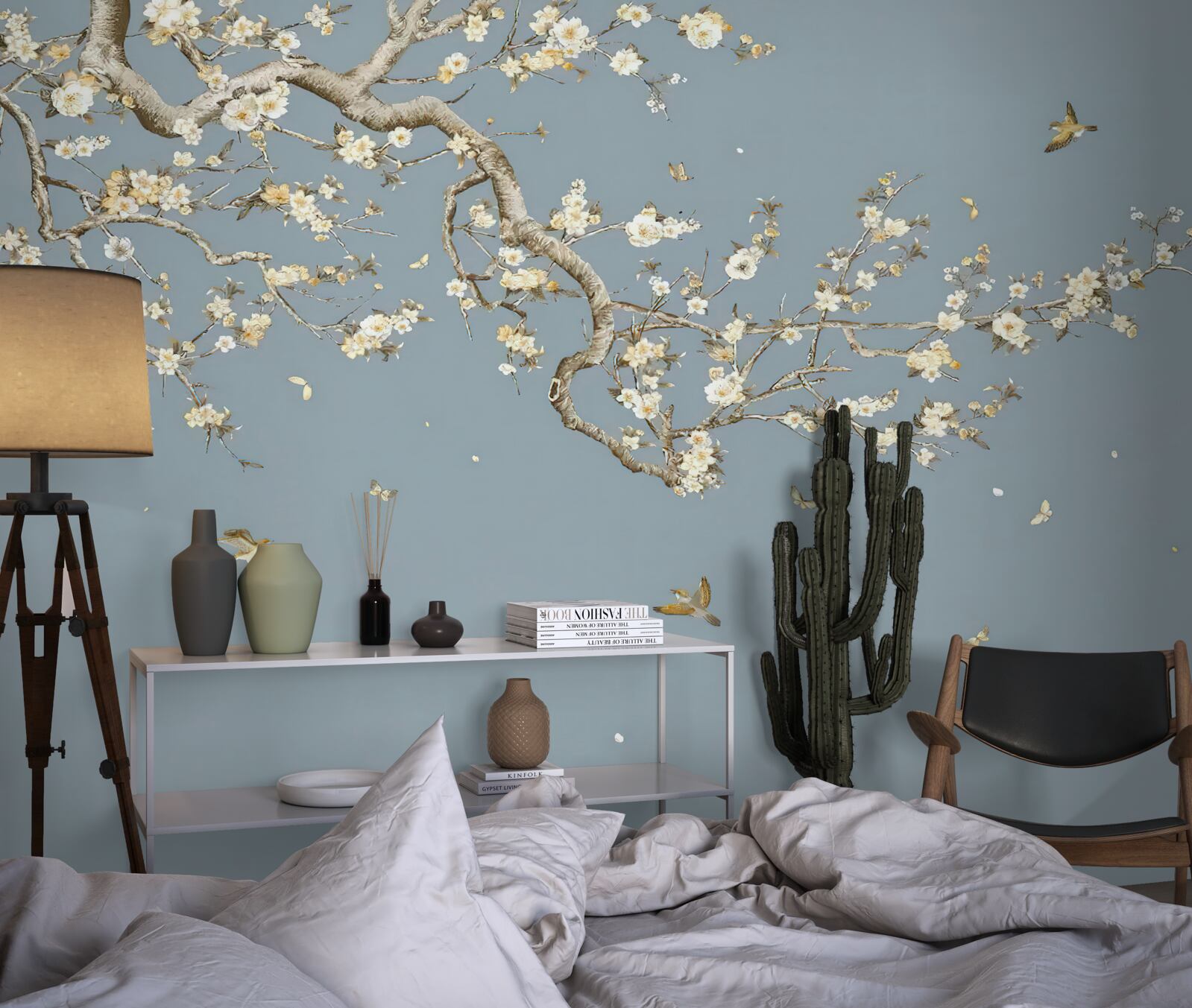 Papier peint tronc avec petites fleurs